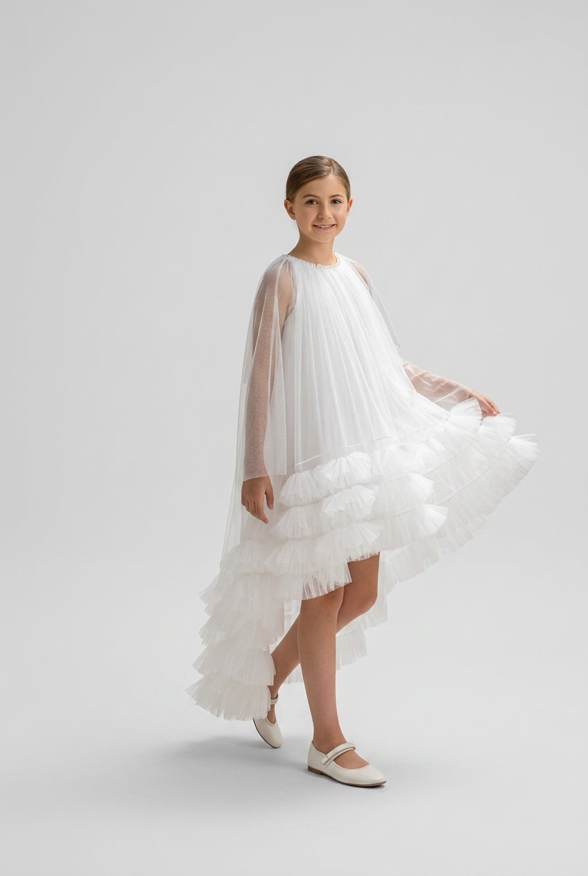 Girls Tulle Dress with Detachable Ruffled Cape Set - White Side picture