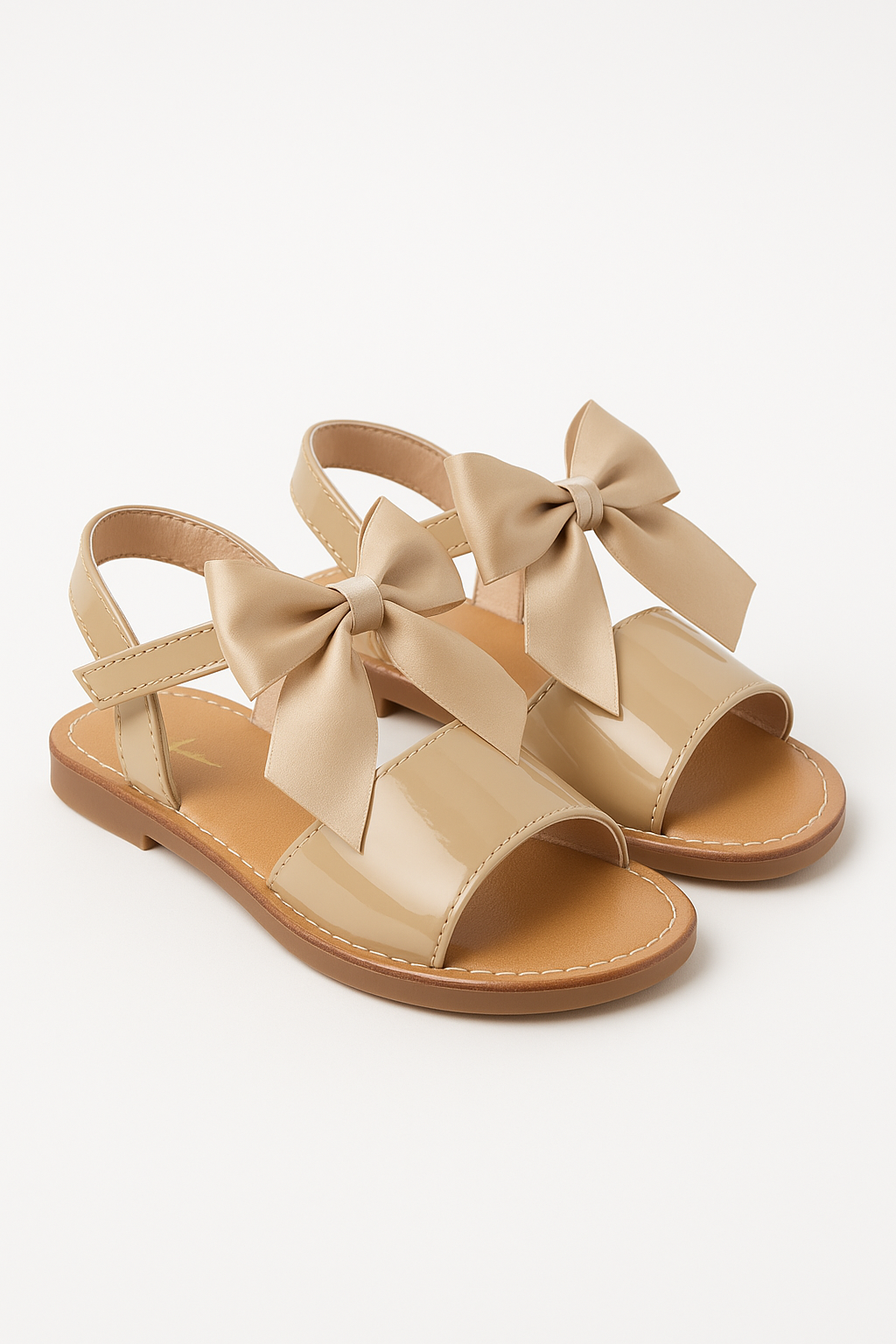 Girls Velcro Patent Bow Sandals - MARTINA - Camel Pair Side Picture
