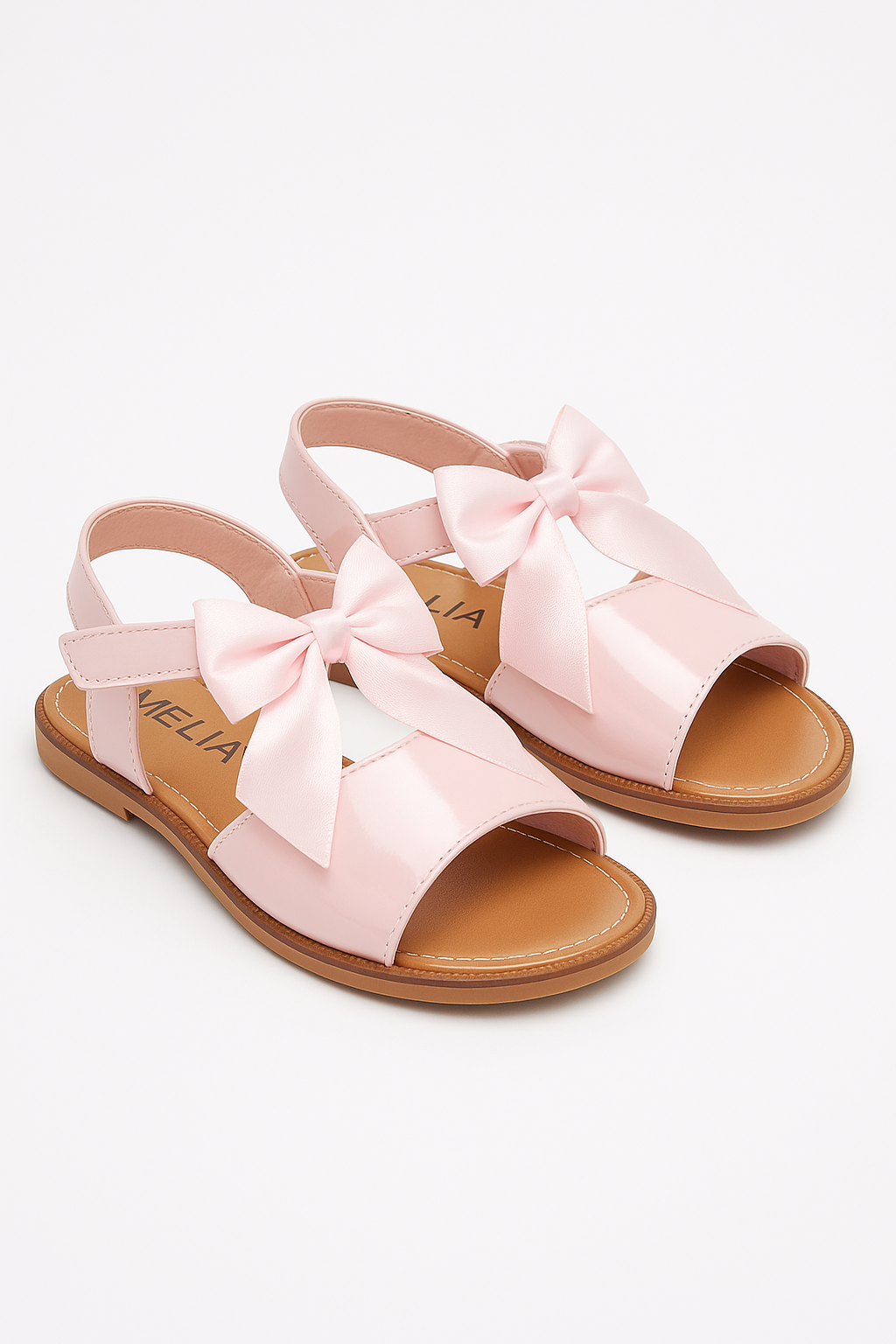 Girls Velcro Patent Bow Sandals - MARTINA - Pink Pair Side Picture