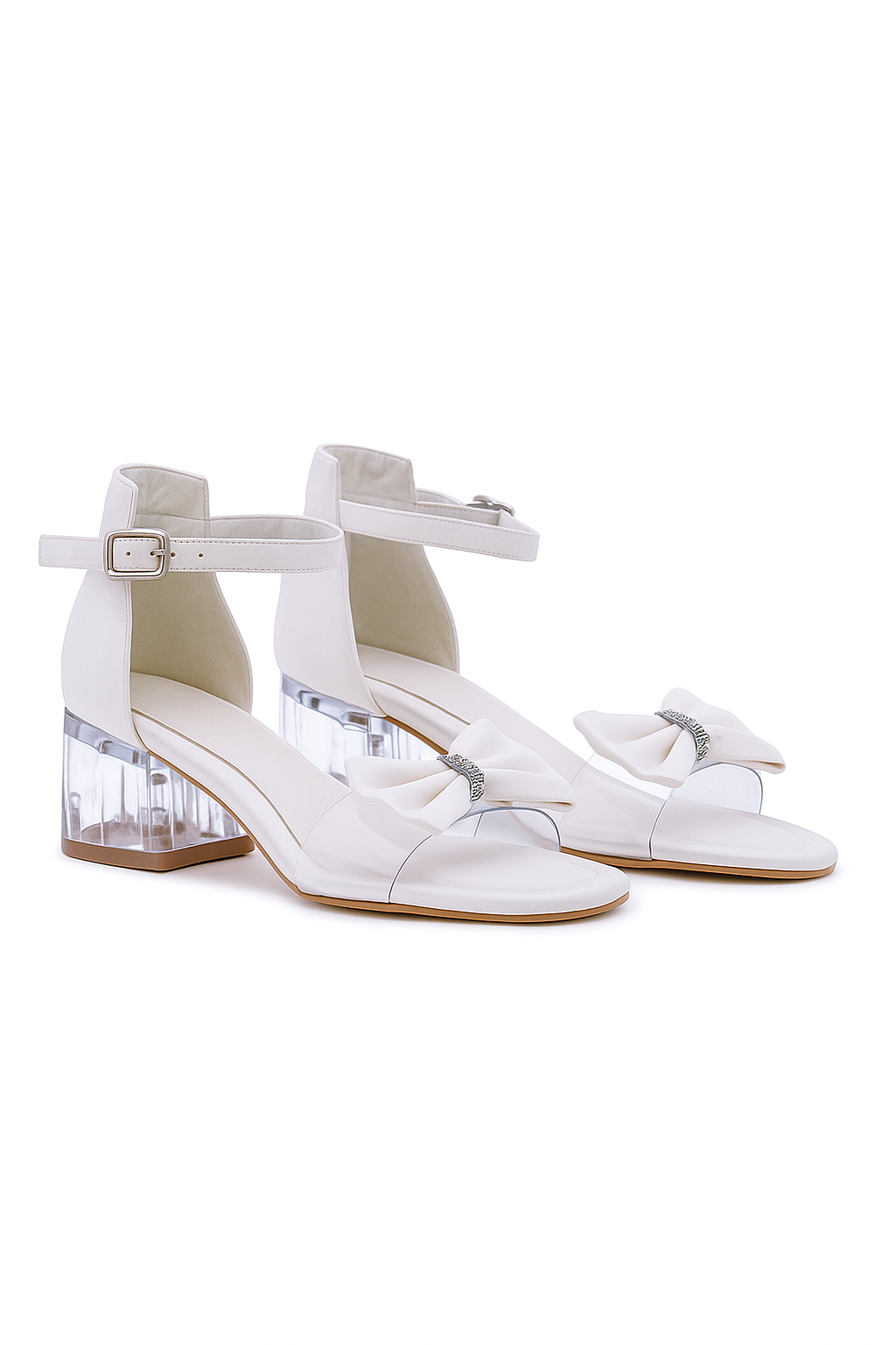 Girls White Bow Sandals with Clear Block Heel - Jessie