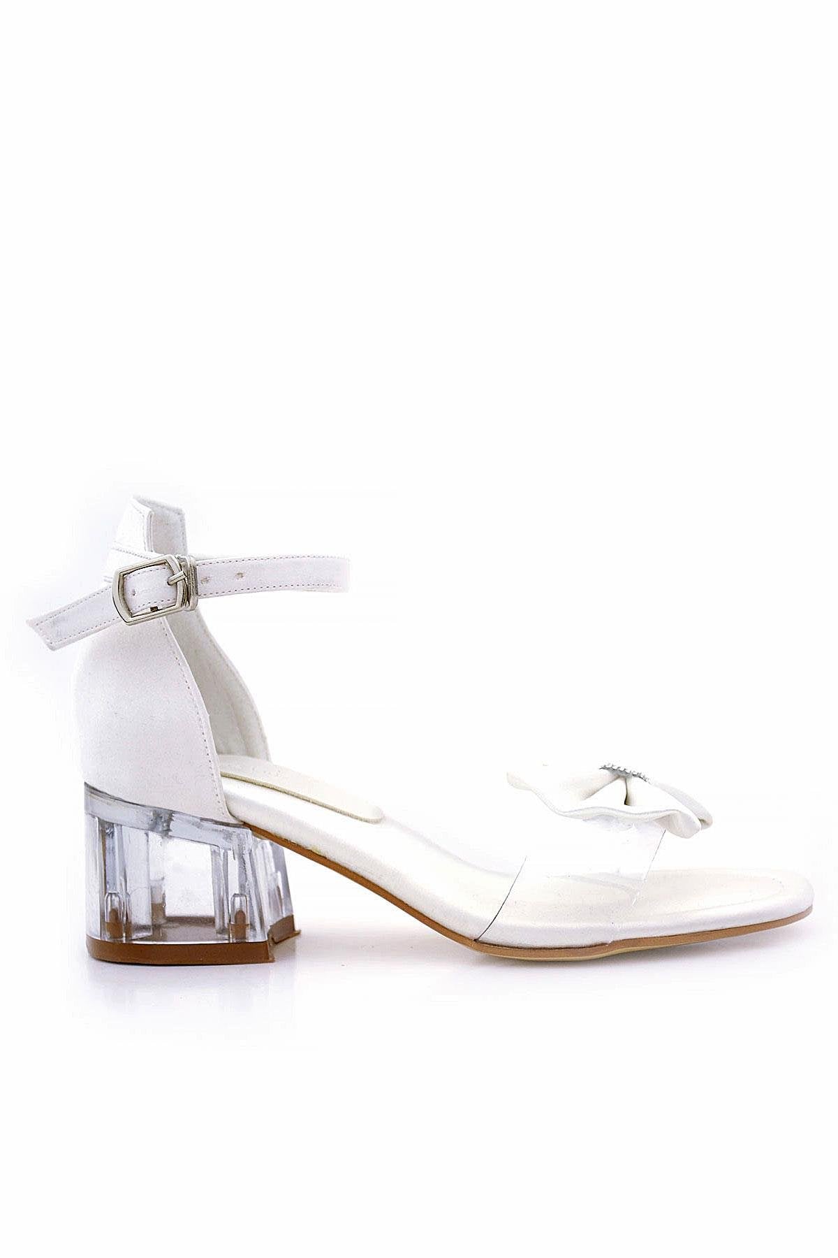 Girls White Bow Sandals with Clear Block Heel - Jessie