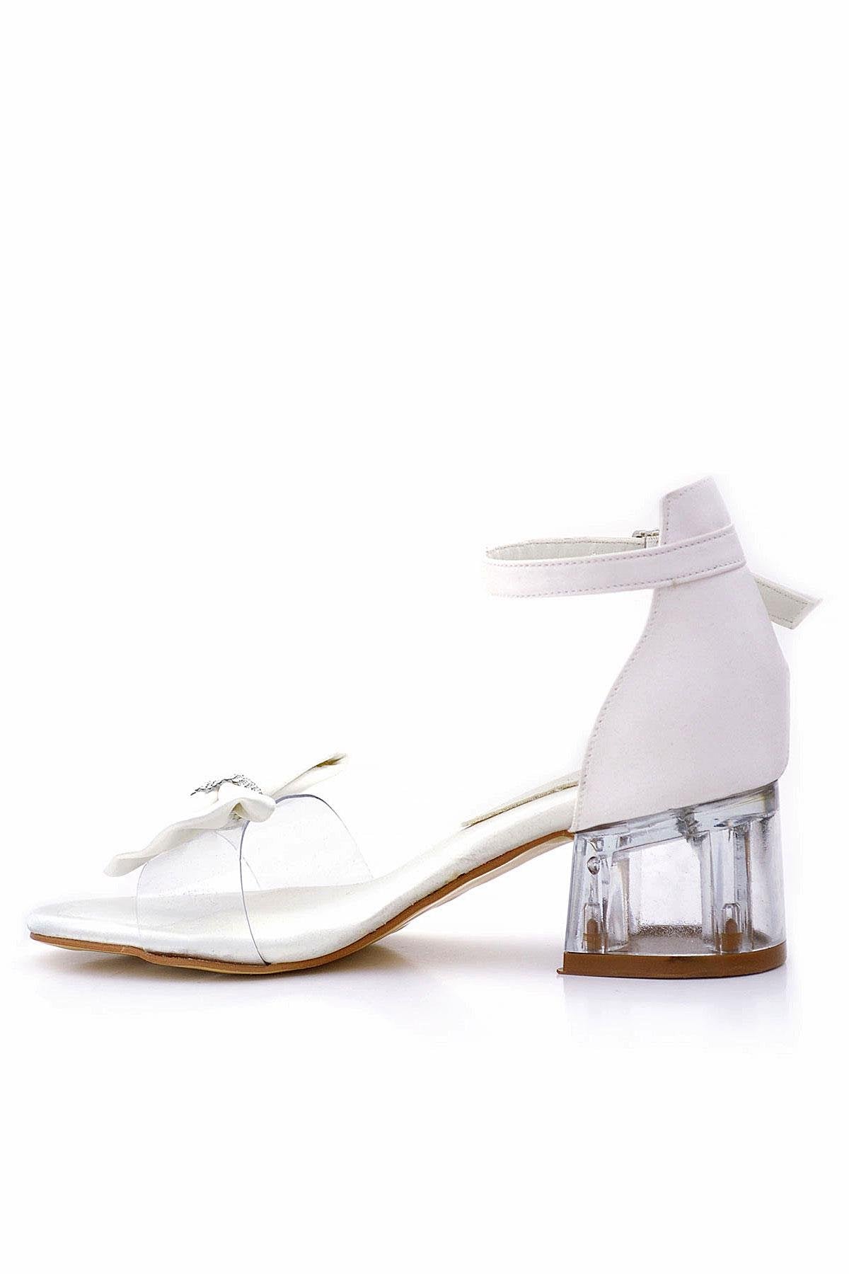 Girls White Bow Sandals with Clear Block Heel - Jessie