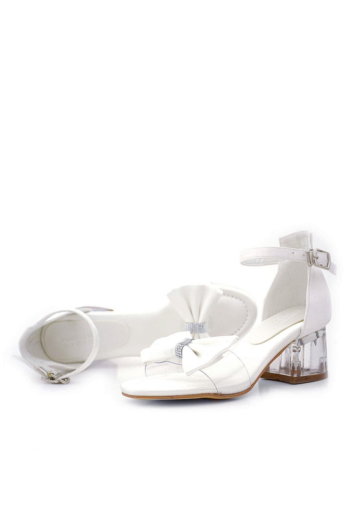 Girls White Bow Sandals with Clear Block Heel - Jessie