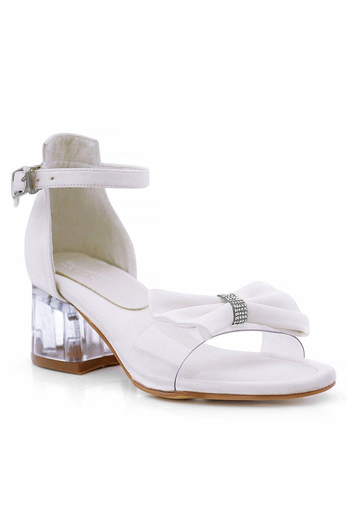 Girls White Bow Sandals with Clear Block Heel - Jessie