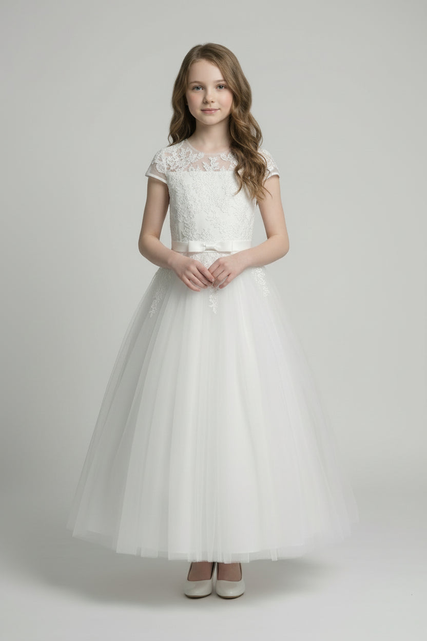 Girls White Communion Dress with Illusion Neck & Lace trim - Suzie Modle Picture