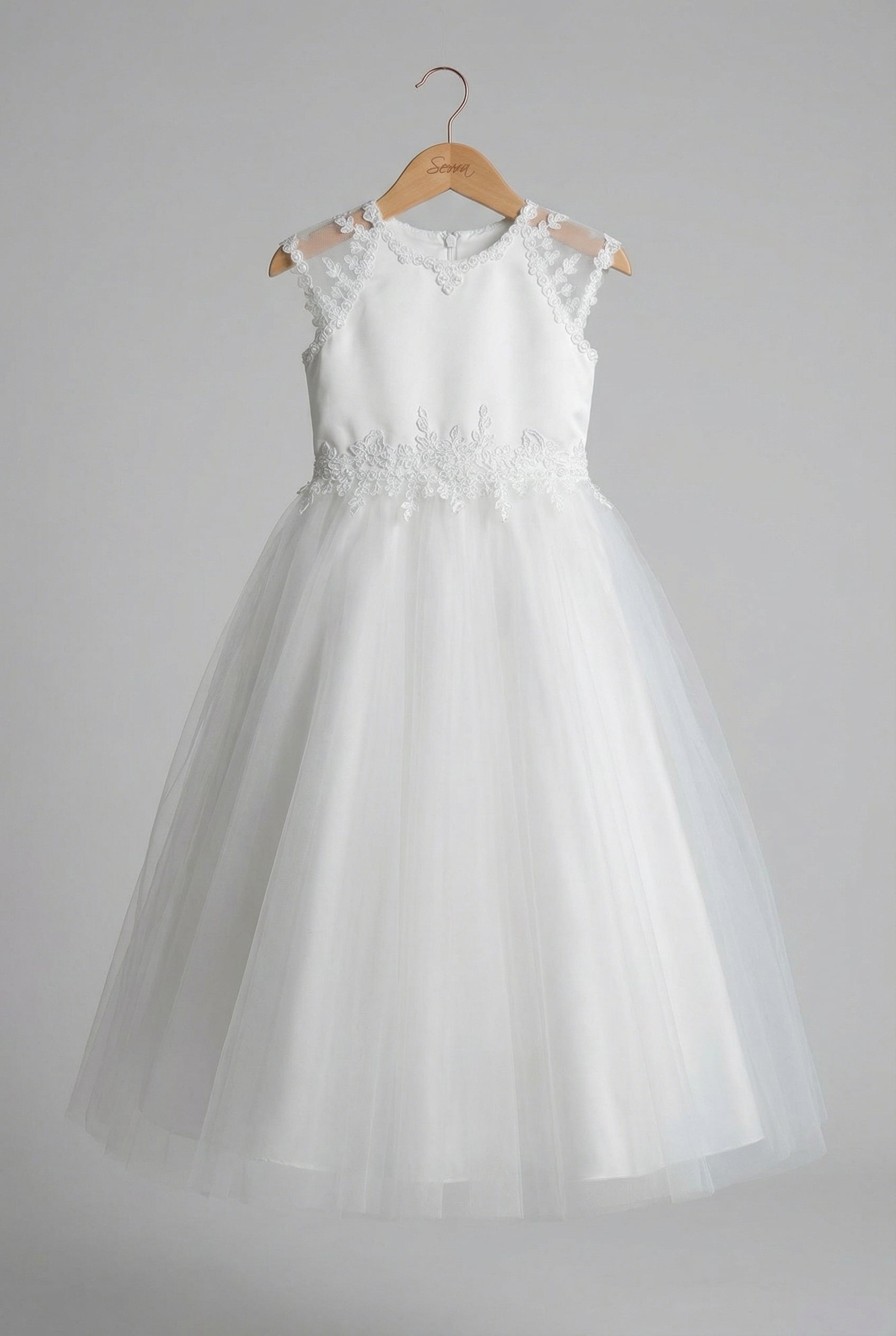 Girls White Communion Occasion Dress Satin Bodice Tulle Skirt - Stray