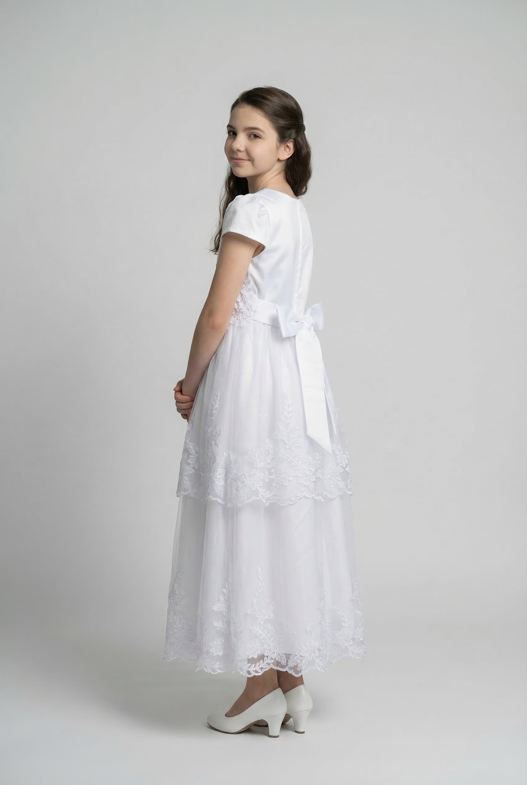 Girls White Full Length Communion Dress with Floral Lace