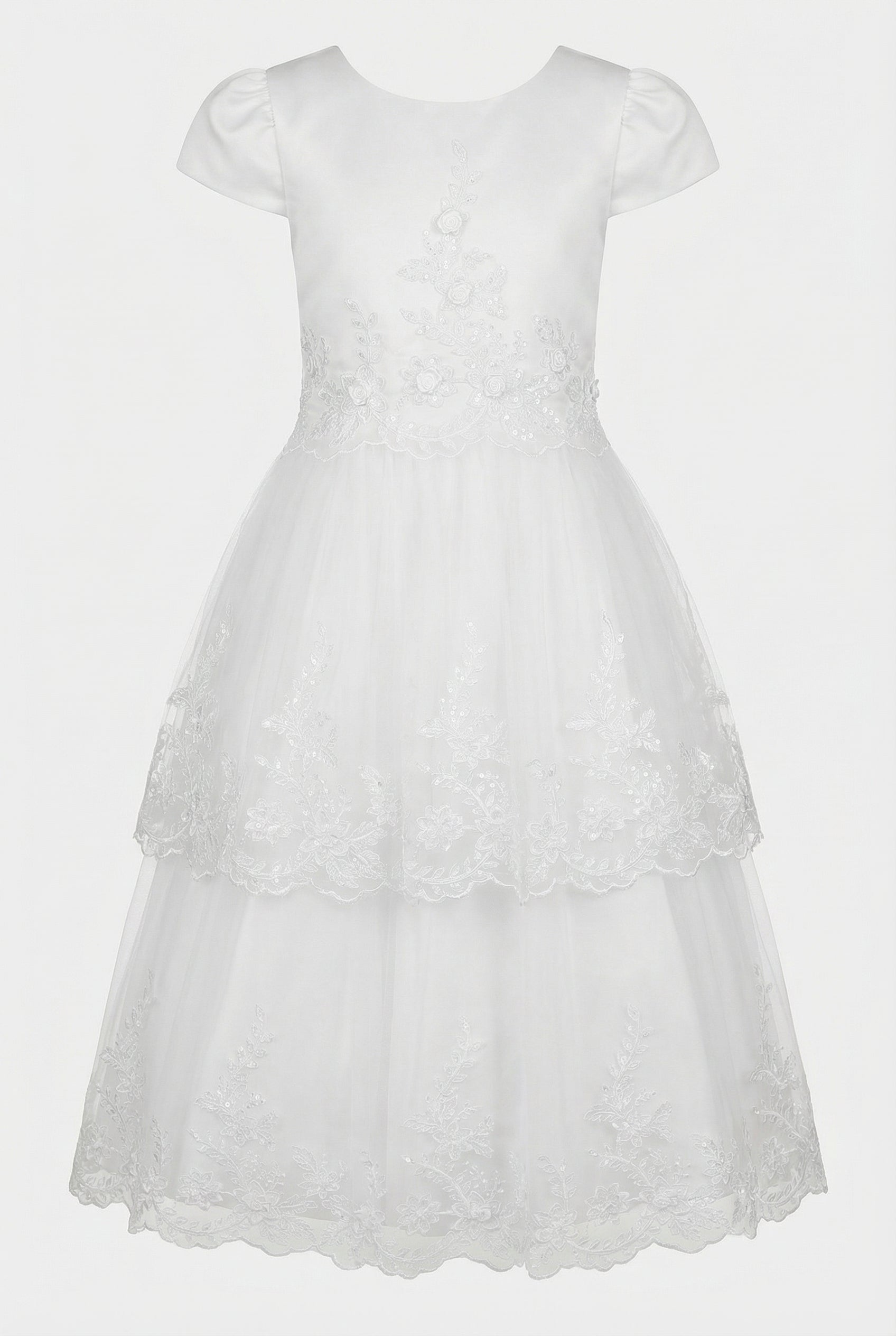 Girls White Full Length Communion Dress with Floral Lace
