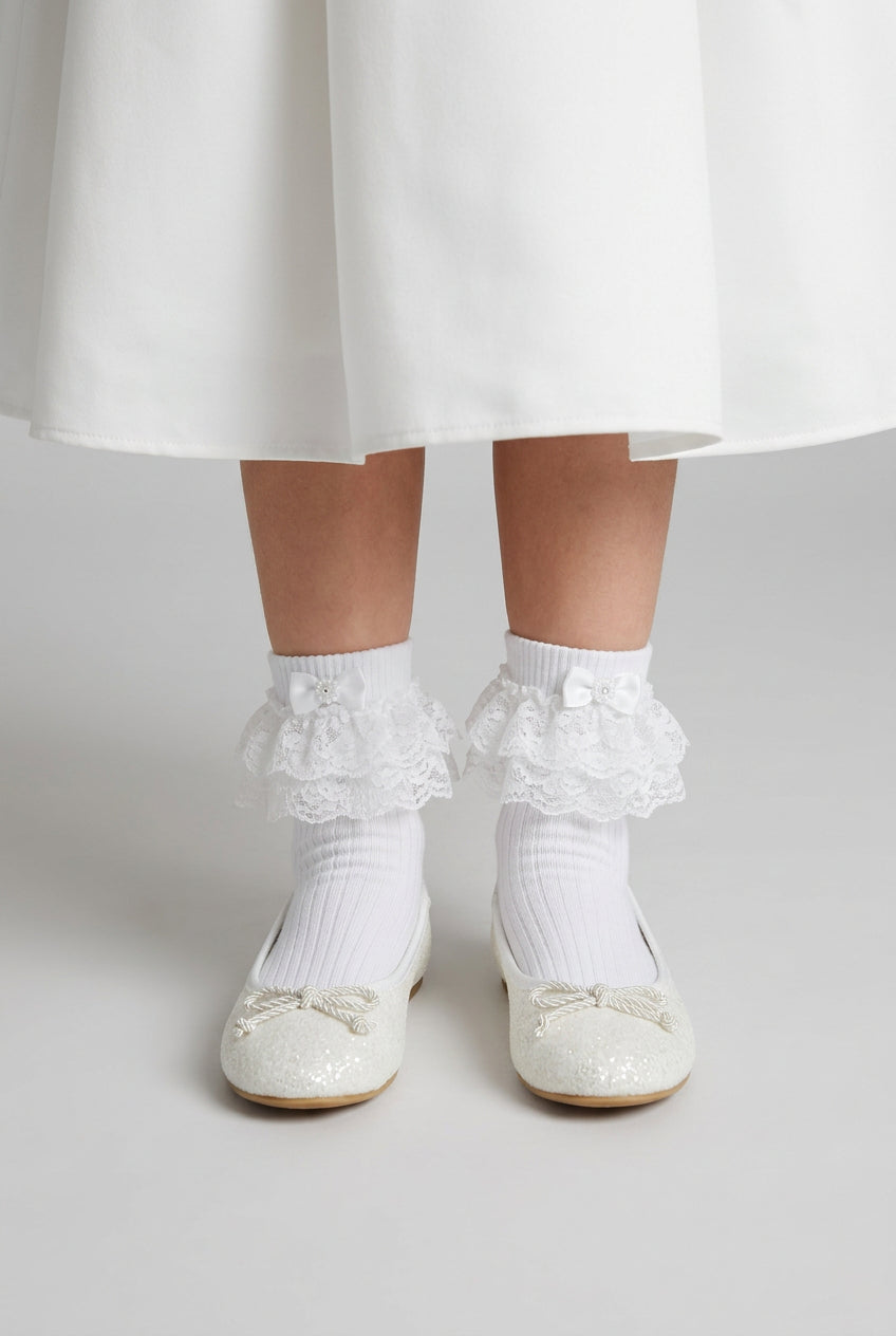 Girls White Glitter Ballet Flats with Bow Model Picture