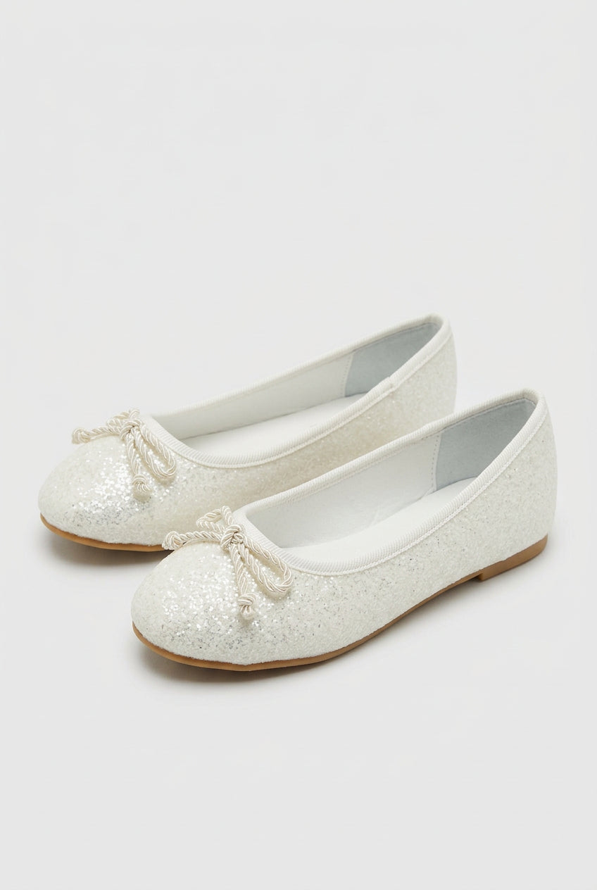 Girls White Glitter Ballet Flats with Bow Pair Side Picture