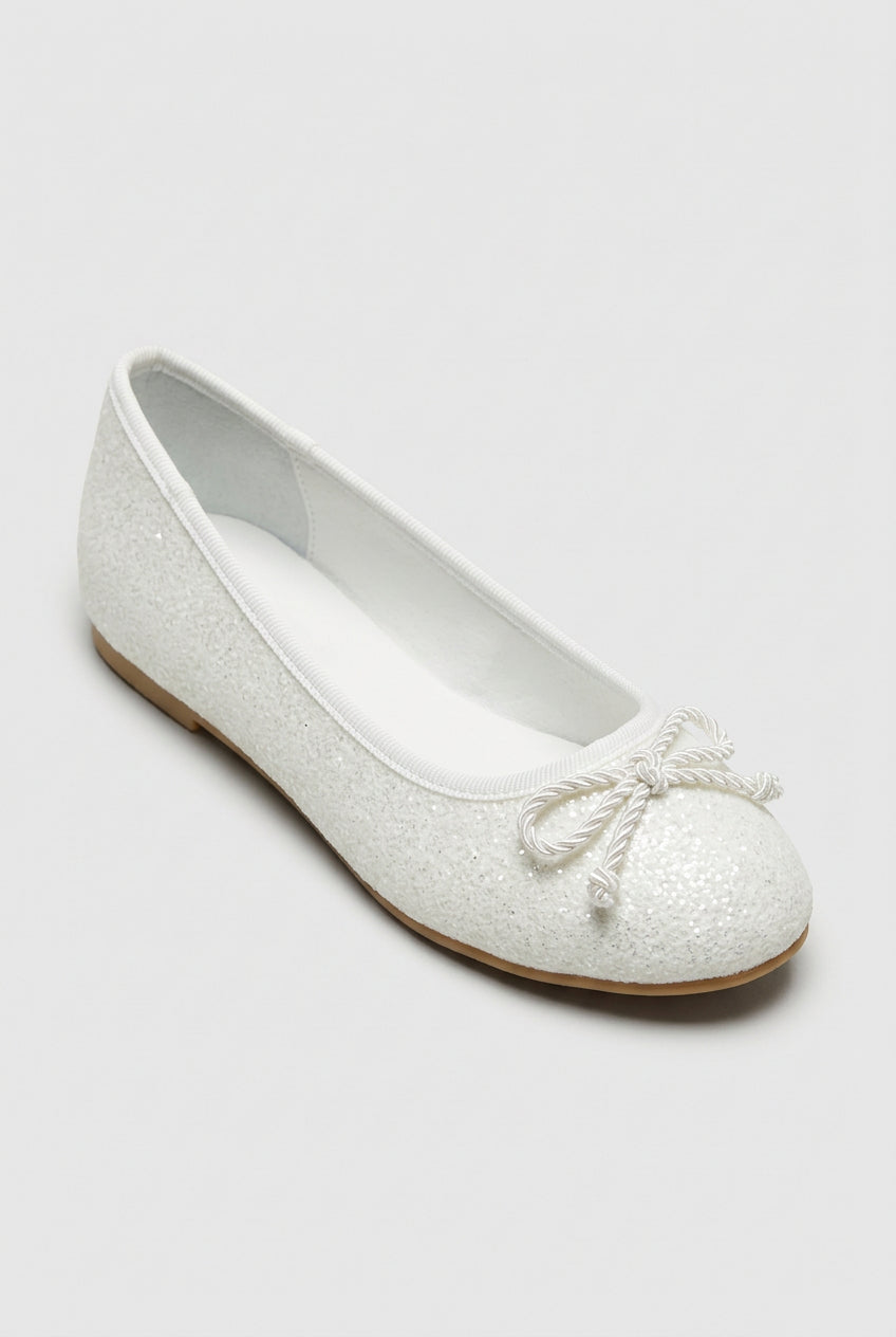 Girls White Glitter Ballet Flats with Bow Side Picture
