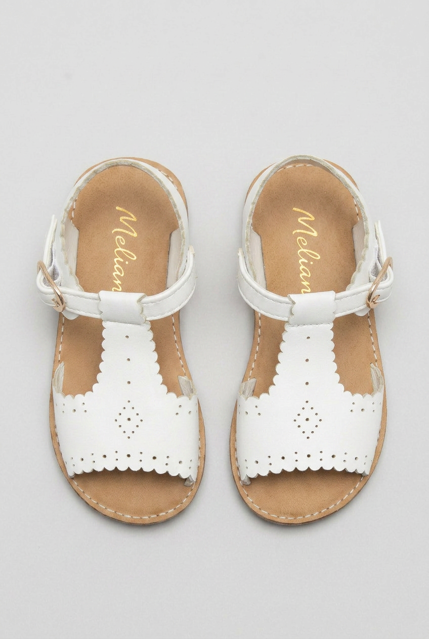 Sandales Blanches en Cuir pour Filles à Bride en T – Sandales d'Été à Bordure Dentelée Style Espagnol
