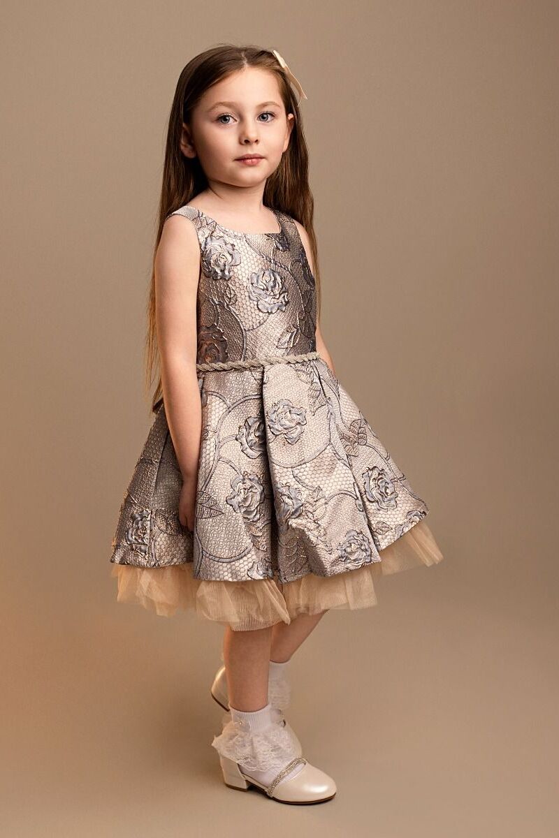 Mädchen Blau Jacquard Falten Kleid mit Schleife Set - Sana - Blau