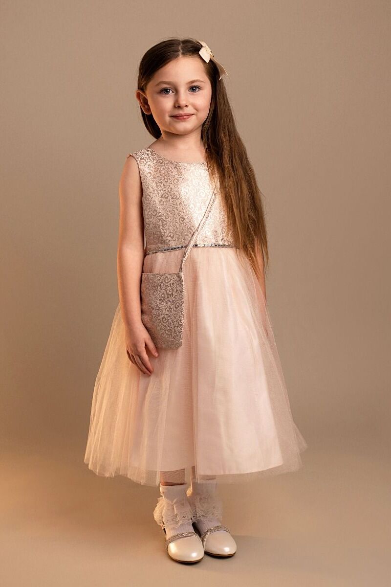 Ensemble robe en tulle rose blush en jacquard avec sac pour filles - Rhea - Rose