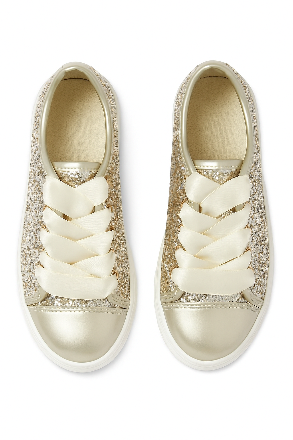 Girls' Glitter Sneakers with Satin Ribbon Laces – TRINITY - Gold Front Picture
