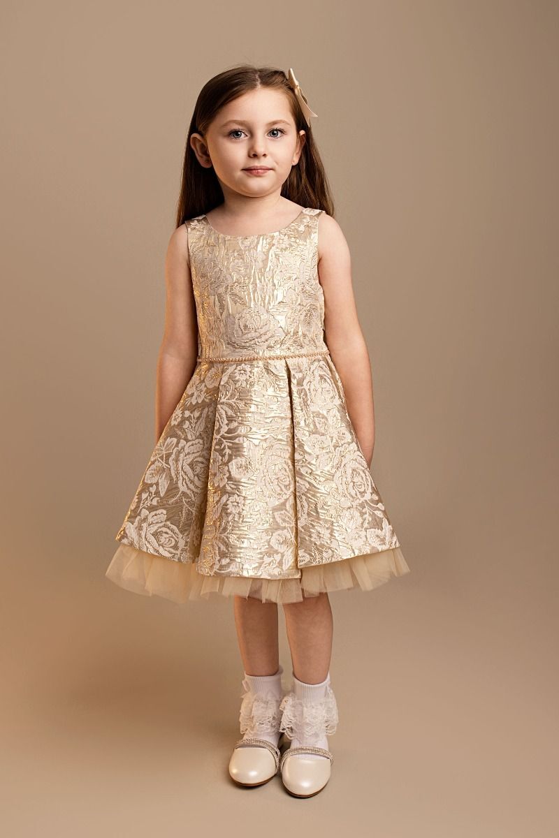 Mädchen Gold Floral Brokat Kleid & Tasche Set - Myra - Gold