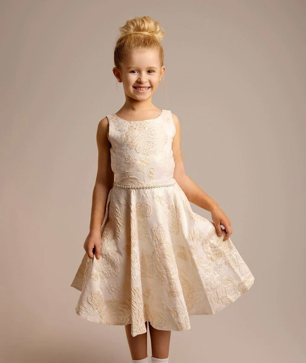 Mädchen Gold Blumenbrokatkleid mit Schleifenband