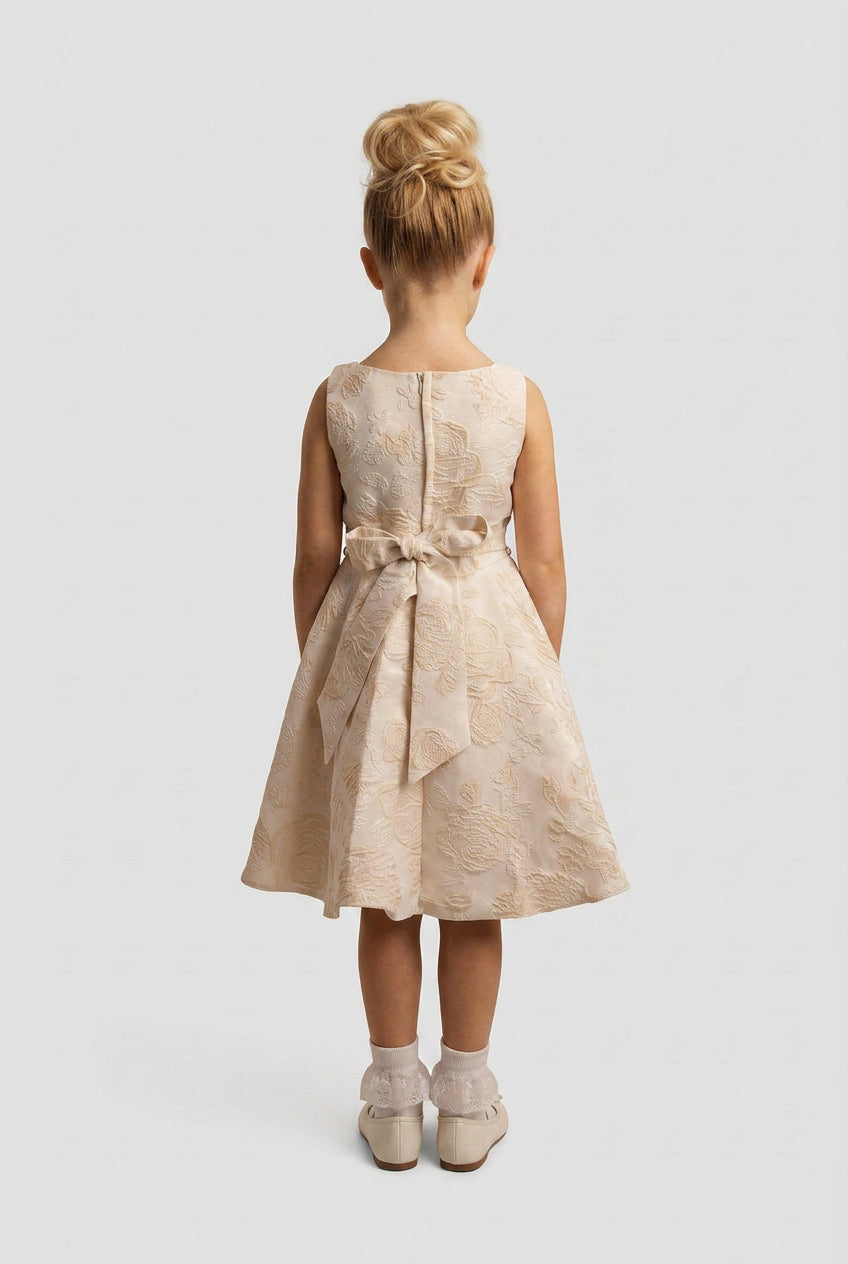 Girls’ Gold Floral Brocade Dress with Sash Bow - Model Picture