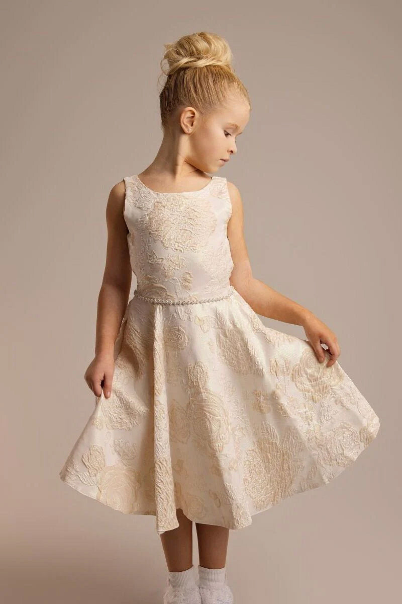 Mädchen Gold Blumenbrokatkleid mit Schleifenband