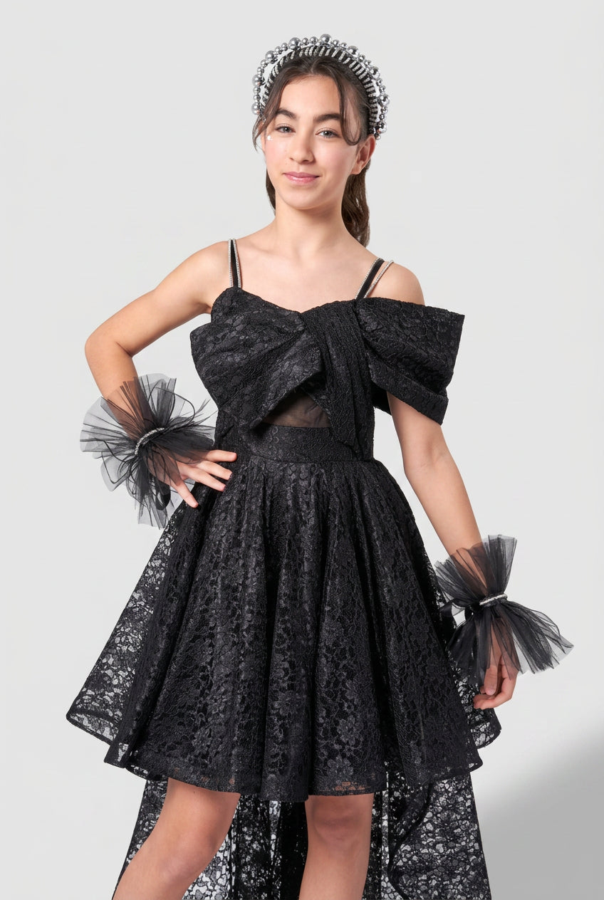 Girls High-Low Lace Dress with Oversized Bow - Black Model Picture