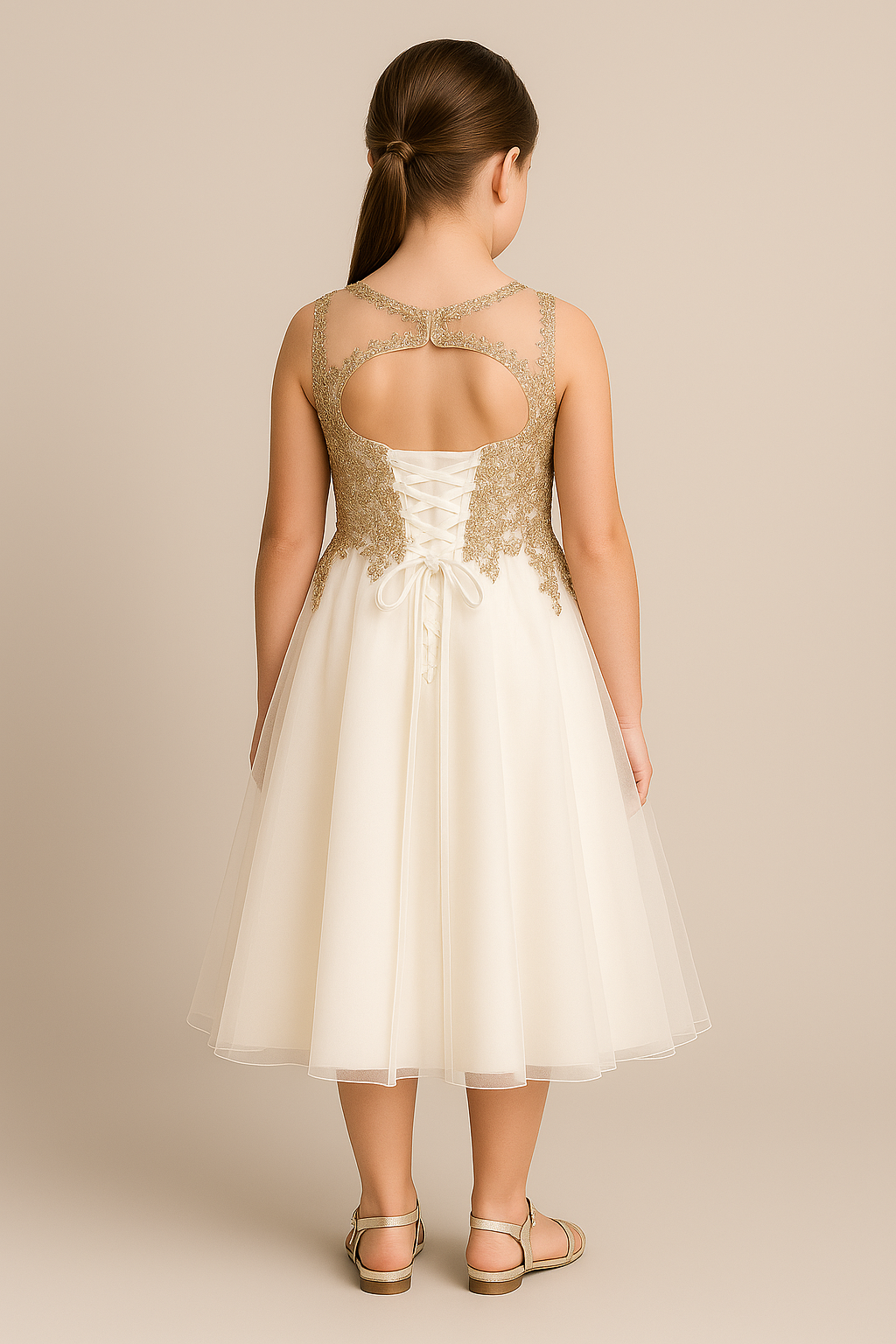 Girls' Ivory/Gold Lace Beaded Dress - LINZI - Gold Back picture