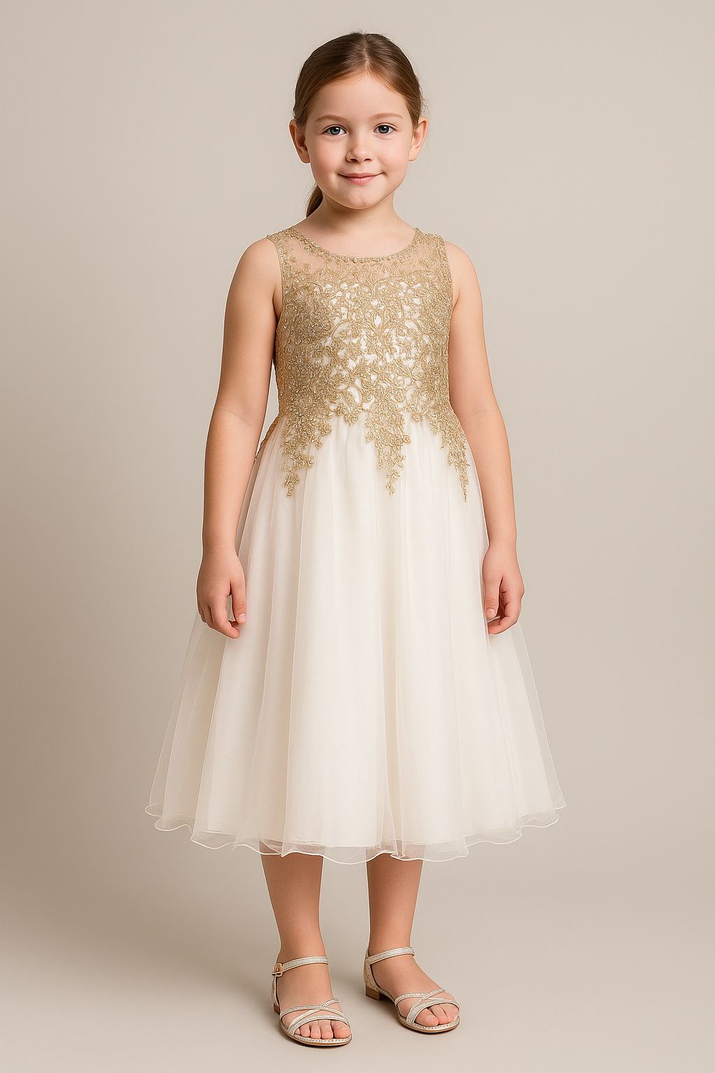 Girls' Ivory/Gold Lace Beaded Dress - LINZI - Gold Model Picture