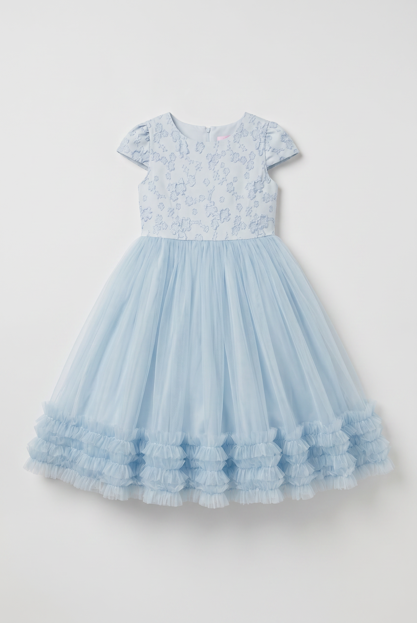 Vestido de fiesta para niñas en tul Azul pálido con chaqueta de brocado, bolso y diadema – Set de ocasión de 4 piezas