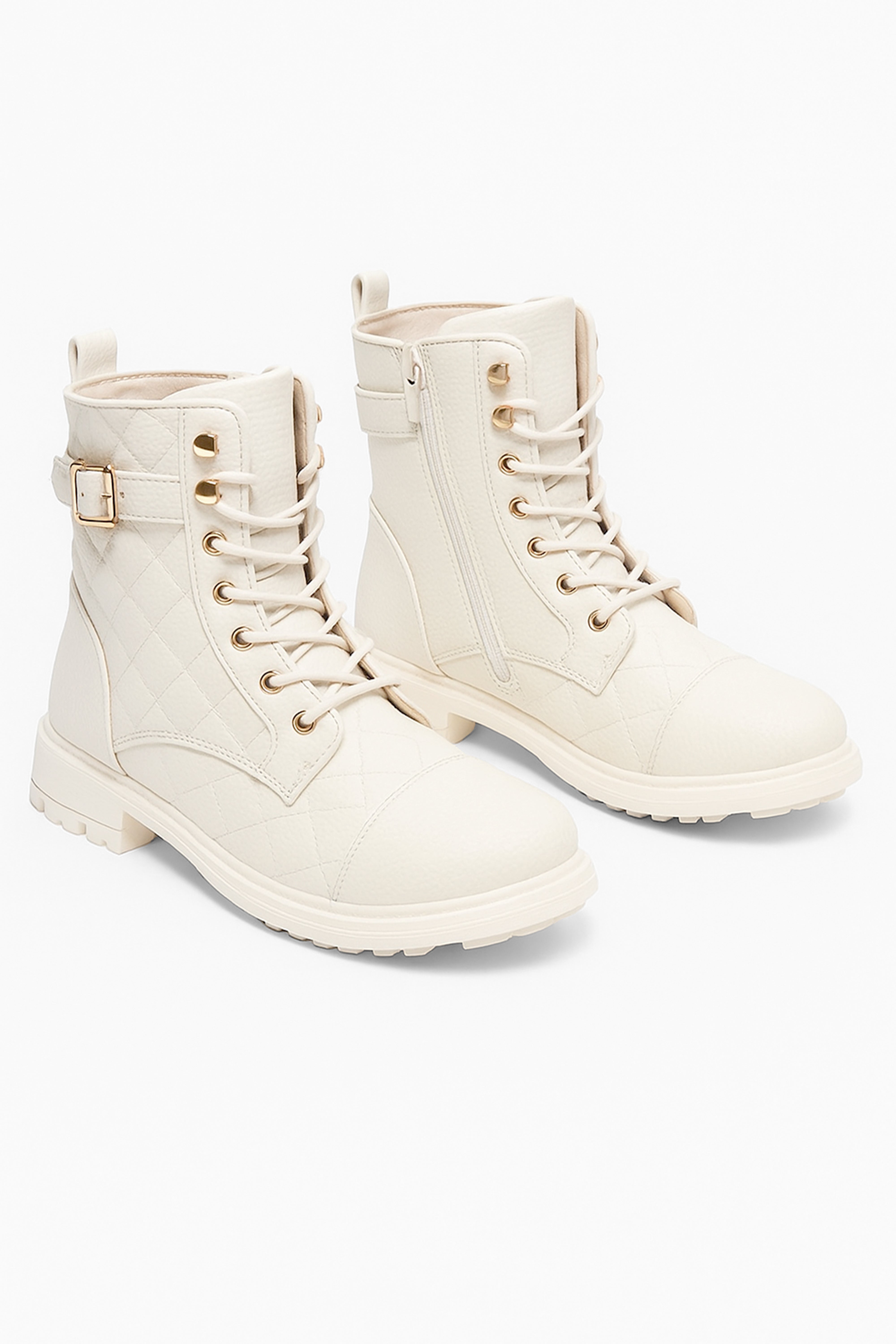 Girls' Quilted Lace-Up Combat Boots - SAGE - Cream Pair Side Picture