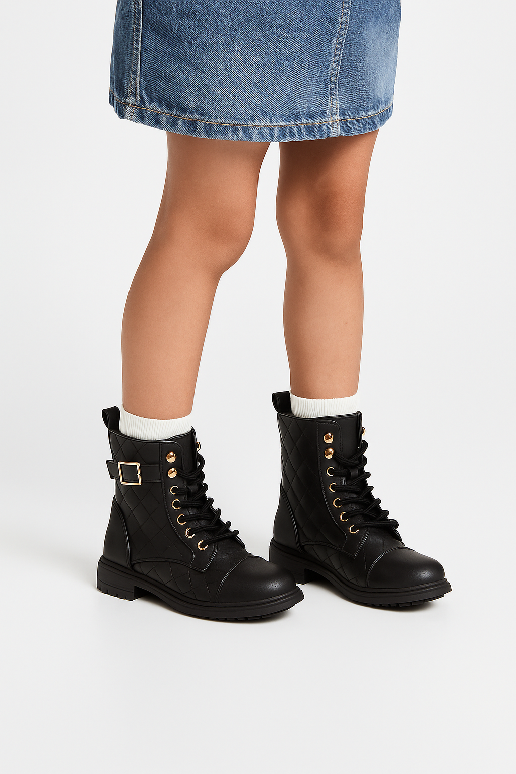 Girls' Quilted Lace-Up Combat Boots - SAGE - Black Model Picture