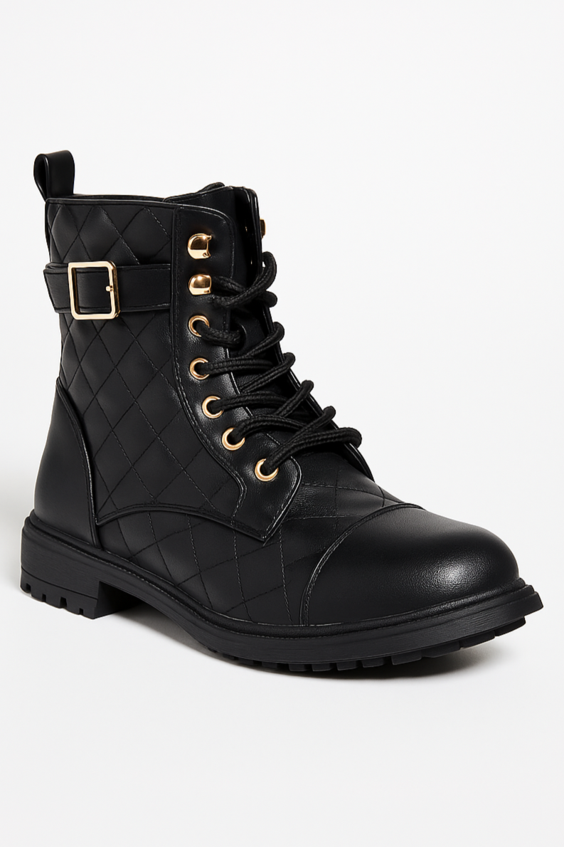 Girls' Quilted Lace-Up Combat Boots - SAGE - Black Side Picture