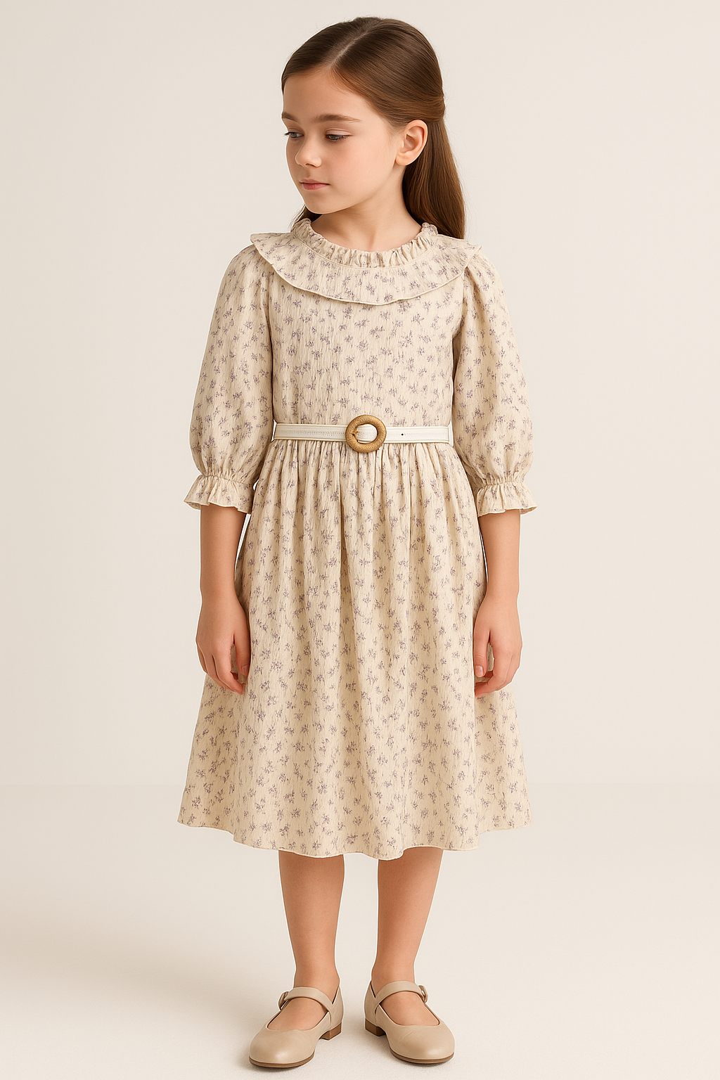 Girls’ Vintage Floral Dress with Belt and Ruffled Collar - Beige - Purple