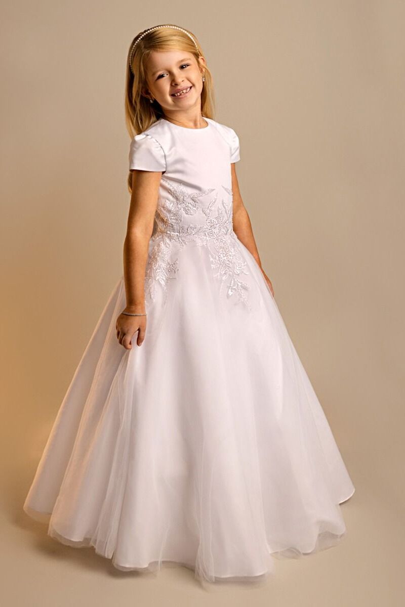 Girls’ White Floral Embroidered Communion Dress - Elodie - White