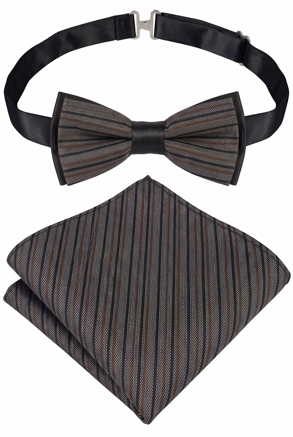 Conjunto de pajarita y pañuelo de bolsillo a rayas para niño - BWST - Gris y Negro