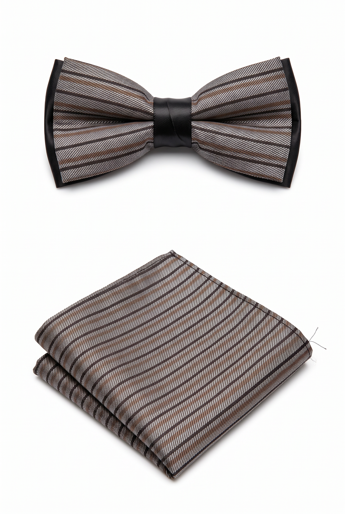 Conjunto de pajarita y pañuelo de bolsillo a rayas para niño - BWST - Gris y Negro