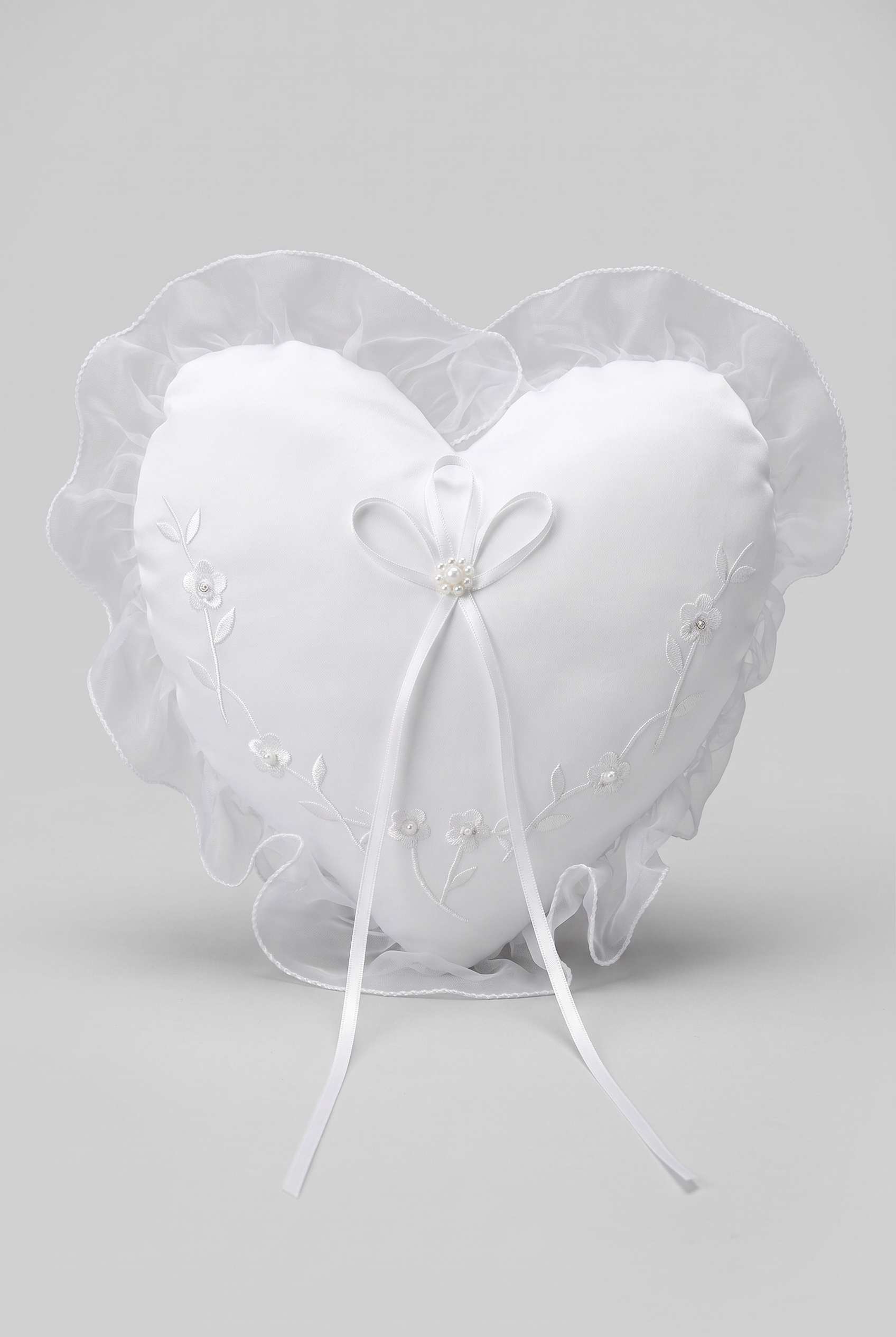 Coussin porte-alliances de mariage en forme de cœur avec broderie florale - Blanc