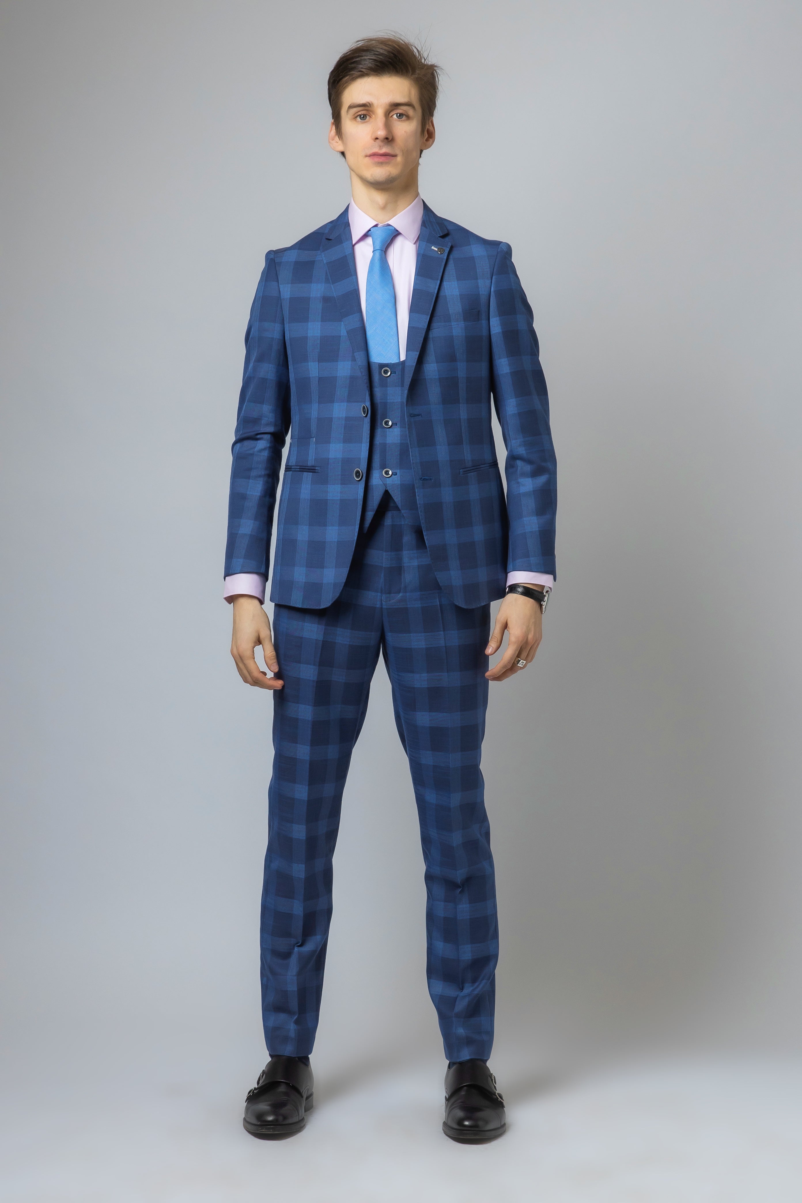 Men's Check Windowpane Retro Blue Suit - Hunter - Dark Blue