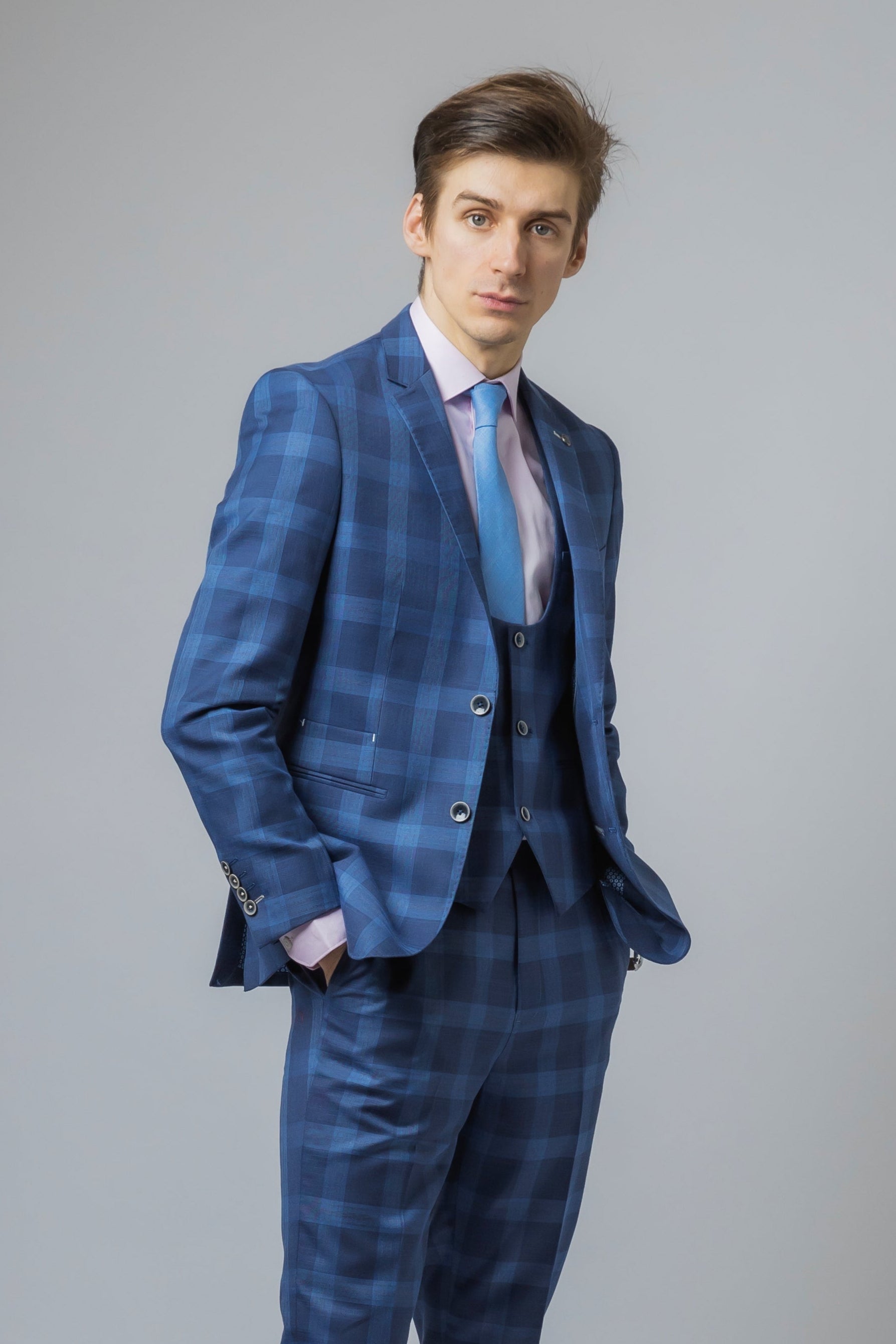 Men's Check Windowpane Retro Blue Suit - Hunter - Dark Blue