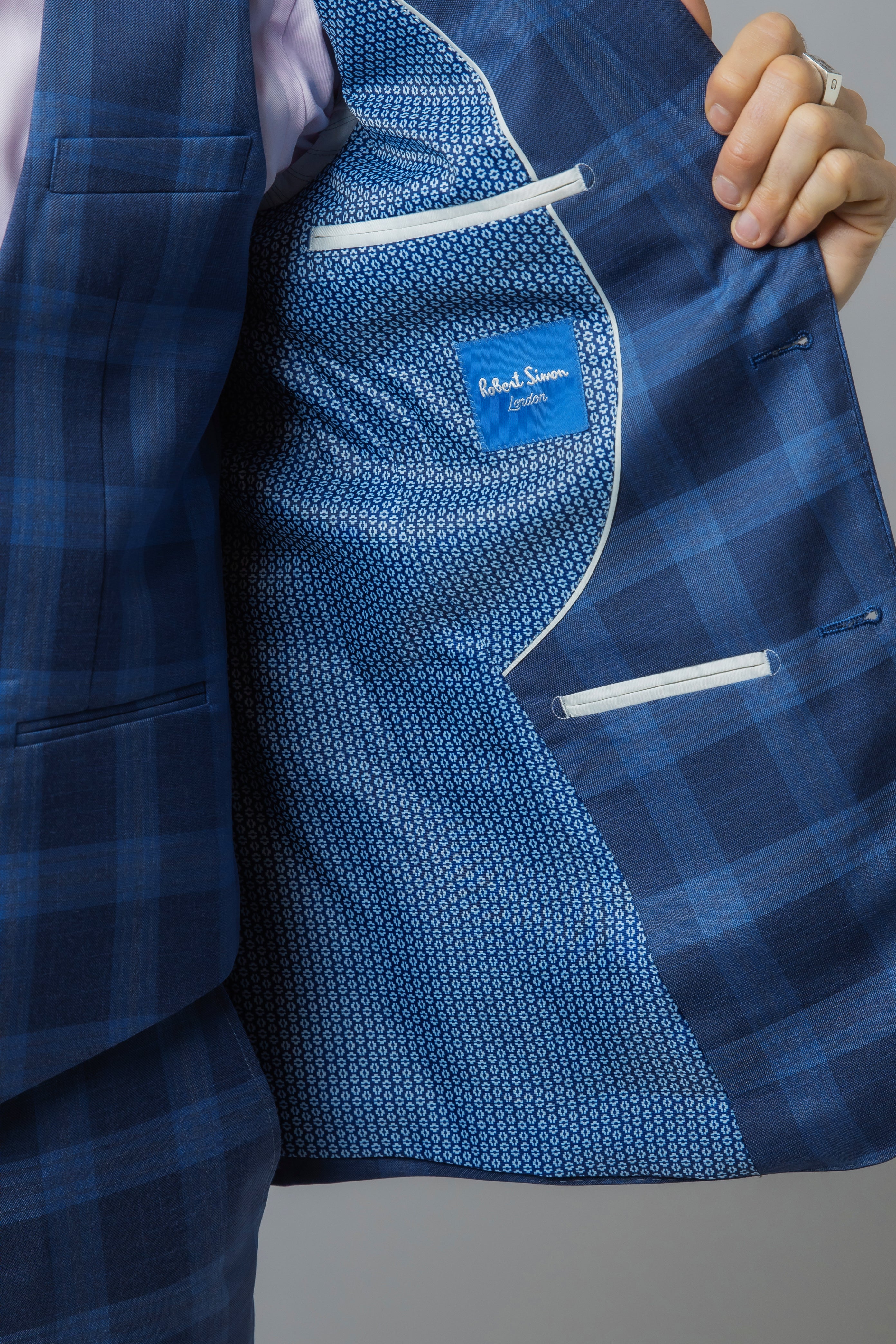 Men's Check Windowpane Retro Blue Suit - Hunter - Dark Blue