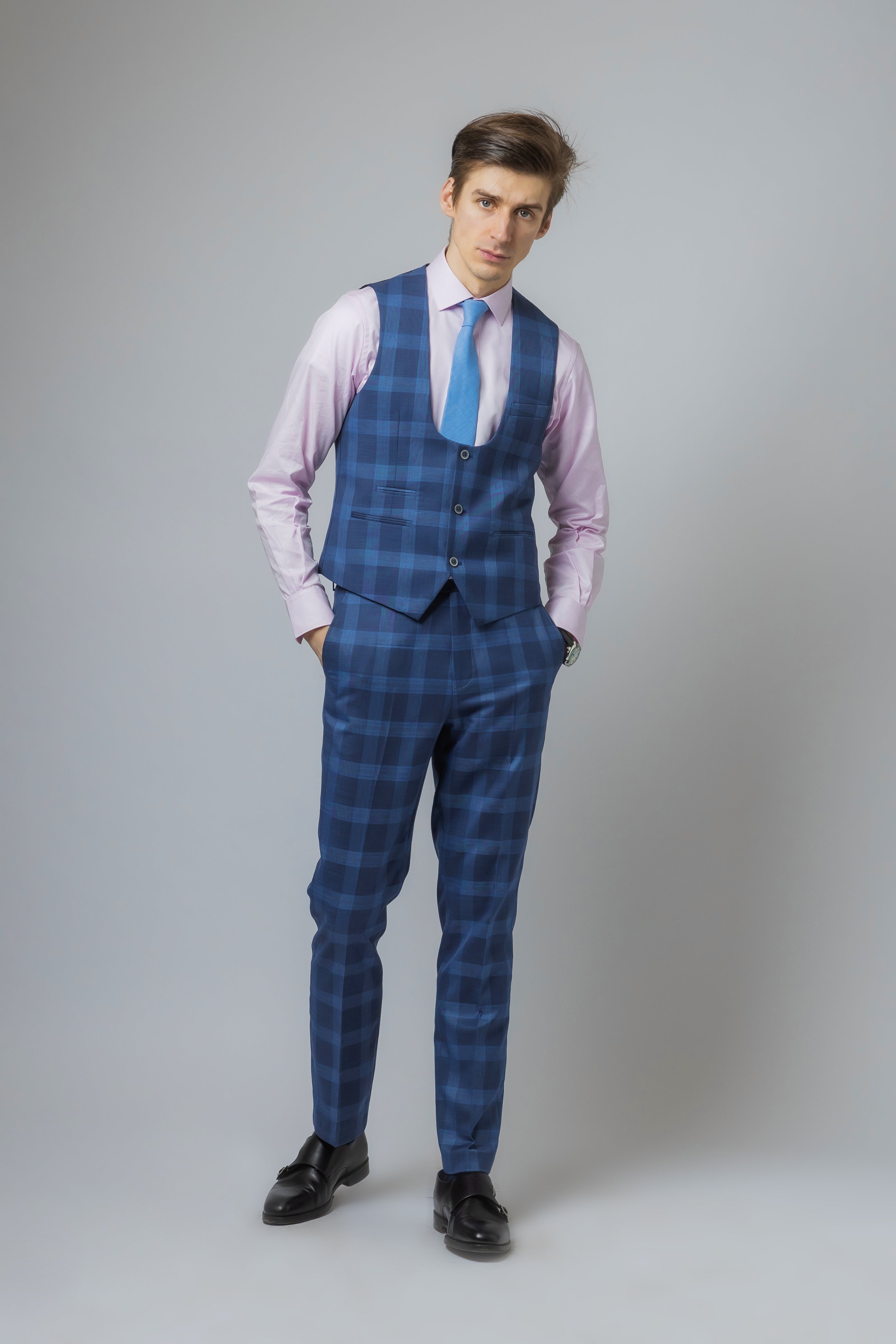 Men's Check Windowpane Retro Blue Suit - Hunter - Dark Blue