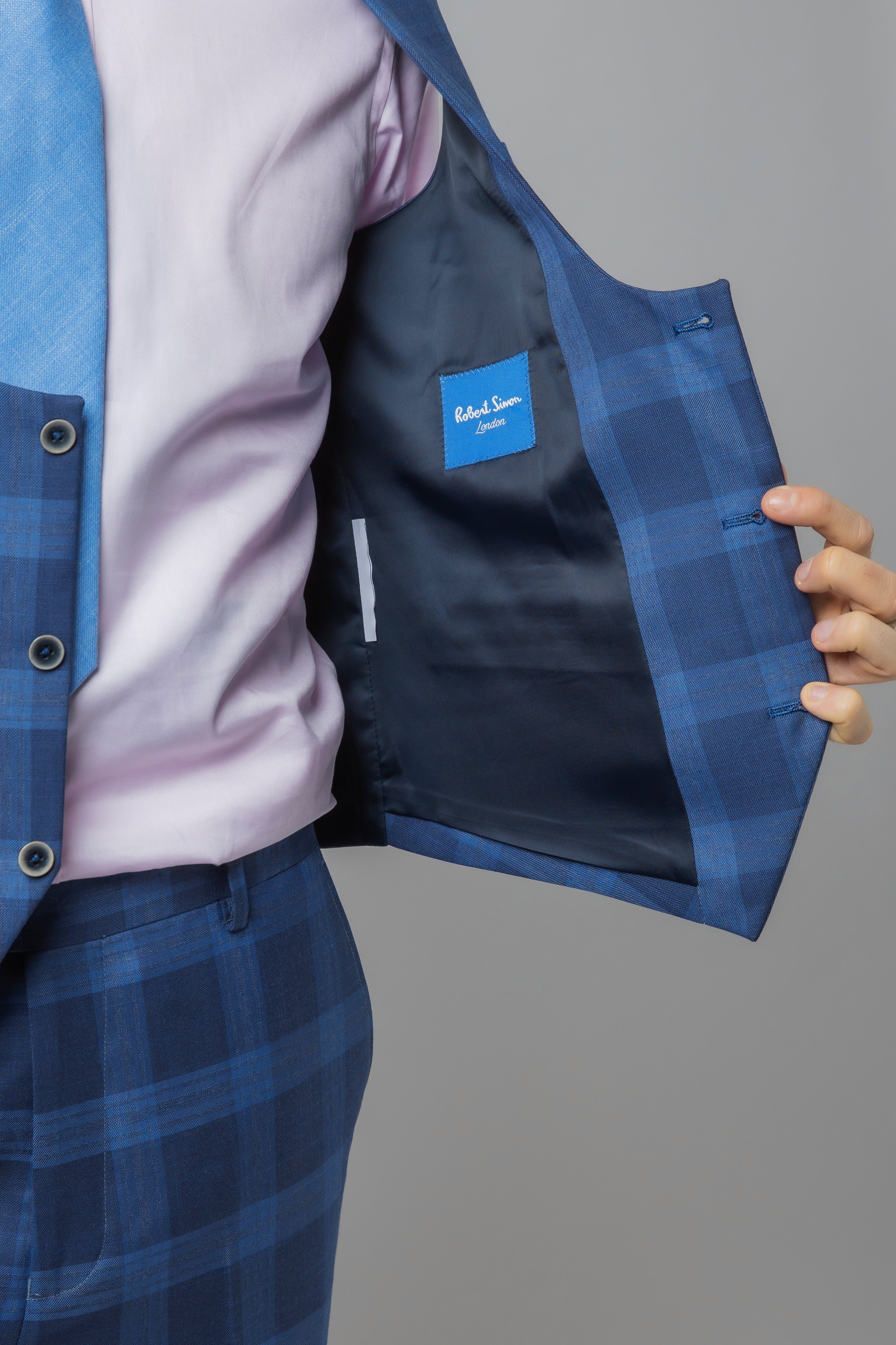Men's Check Windowpane Retro Blue Suit - Hunter - Dark Blue