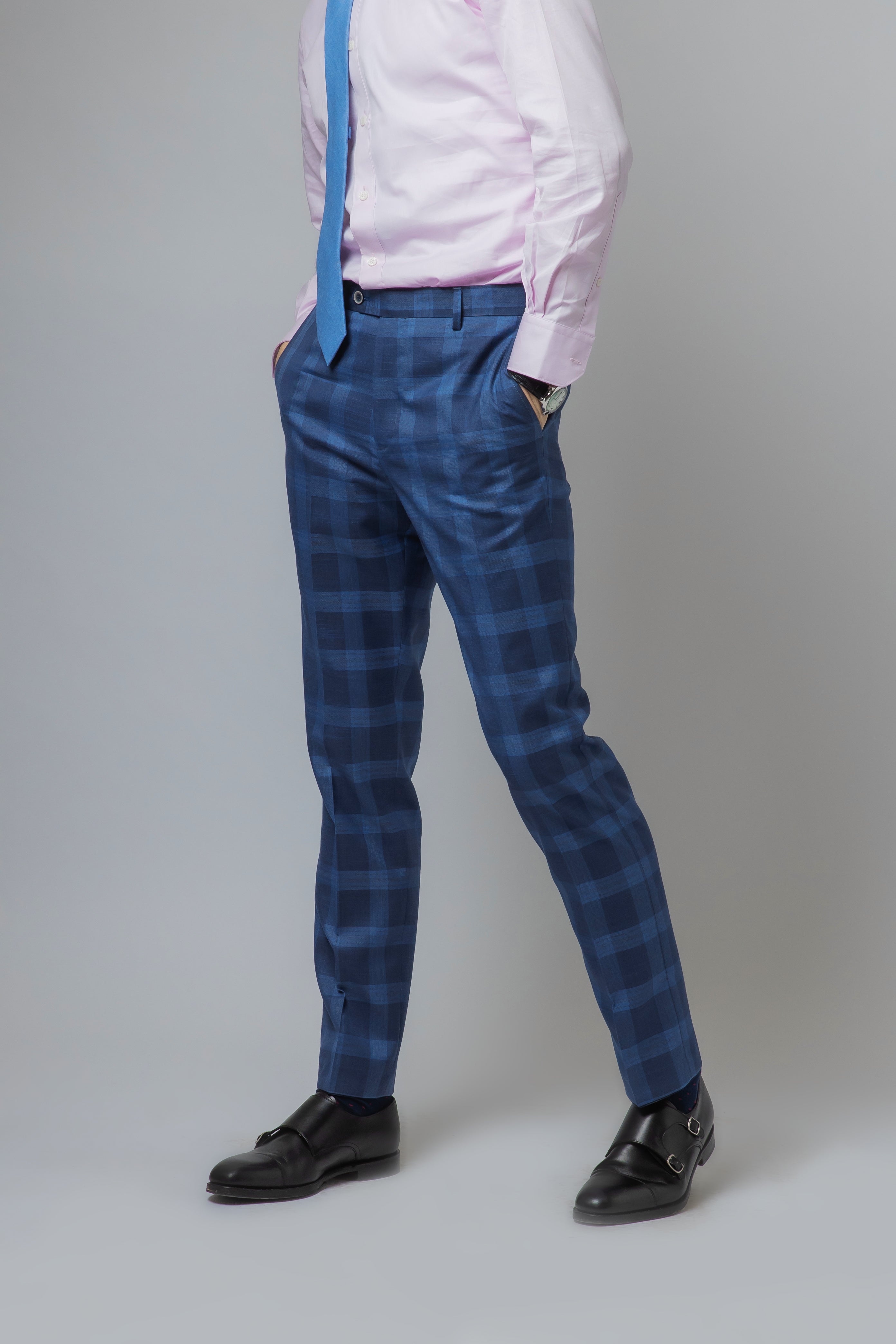 Men's Check Windowpane Retro Blue Suit - Hunter - Dark Blue