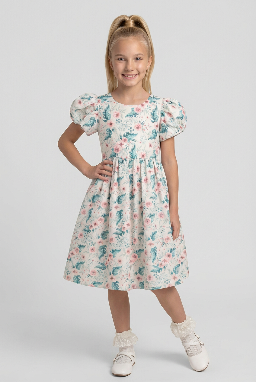 Girls Cotton Blend Green Floral Occasion Dress