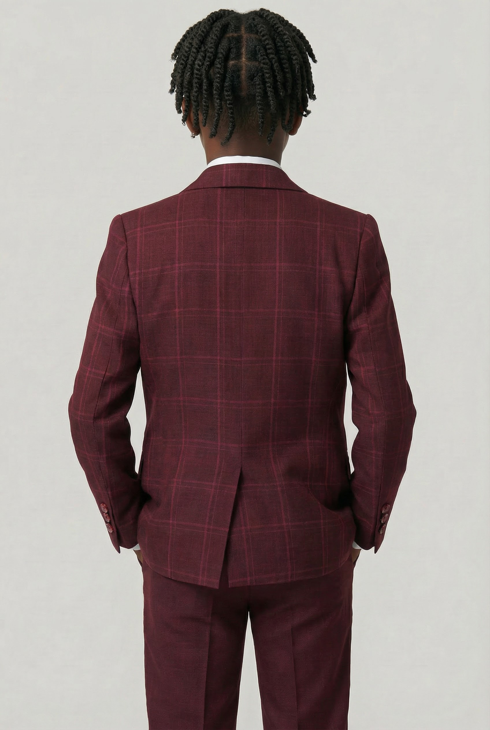 Boys Slim Fit Windowpane Check Burgundy Suit Set - Burgundy