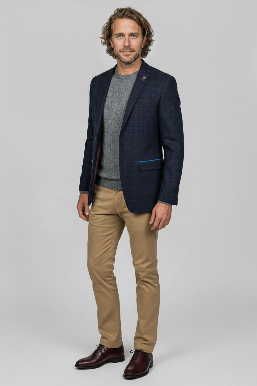 Giacca da uomo in tweed a quadri finestra, vestibilità sartoriale, blu navy - RYAN - Blu Navy