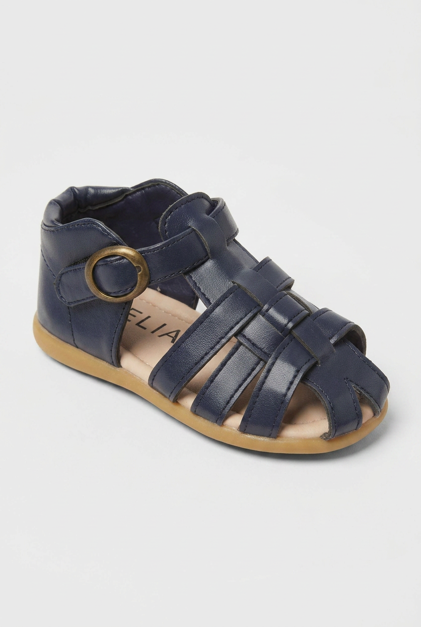 Sandalias de cuero para niños estilo pescador azul marino – Zapatos de verano con punta cerrada y hebilla para niños y niñas pequeños