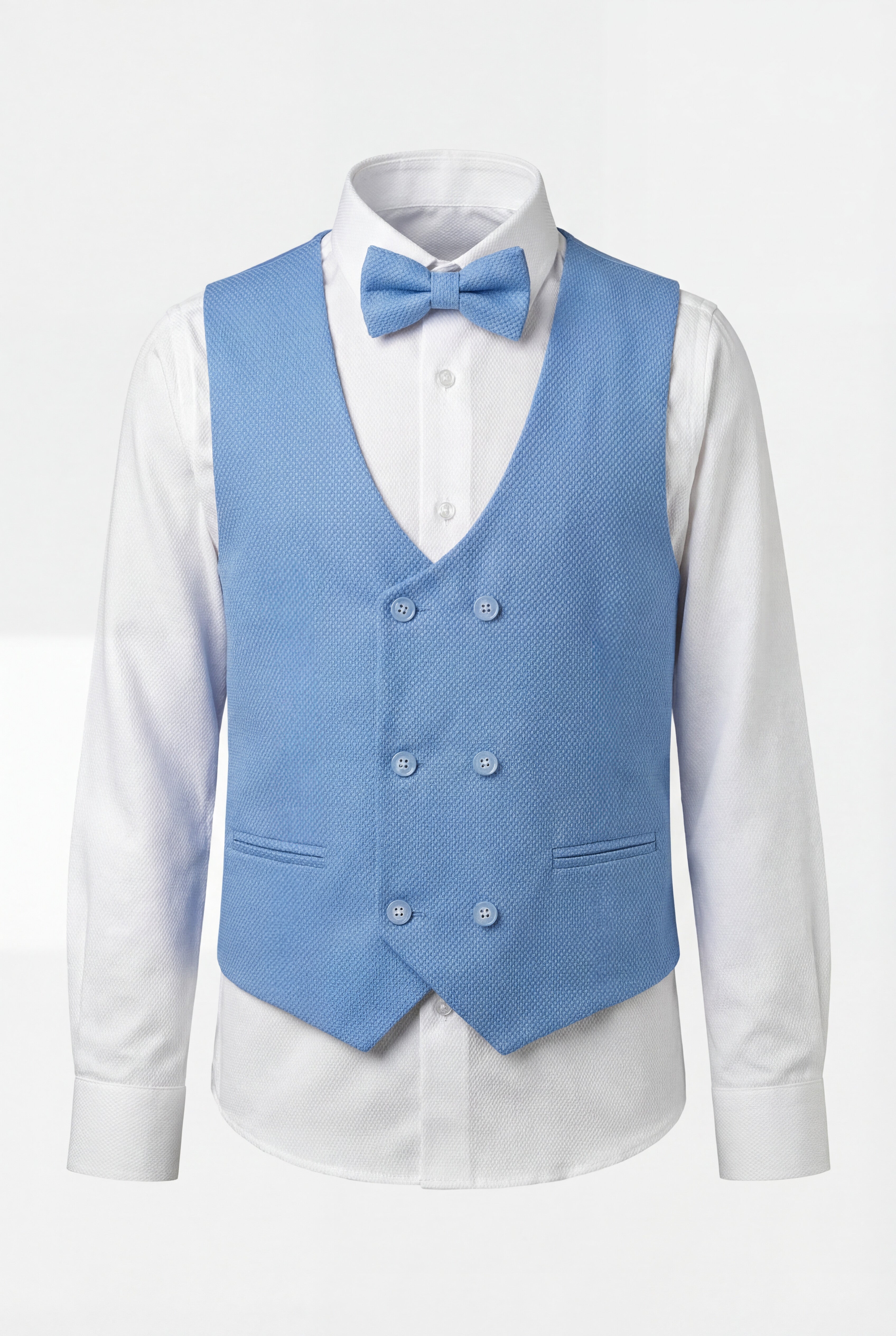 Traje para niños de 5 piezas con tejido texturizado y chaleco cruzado - Azul claro