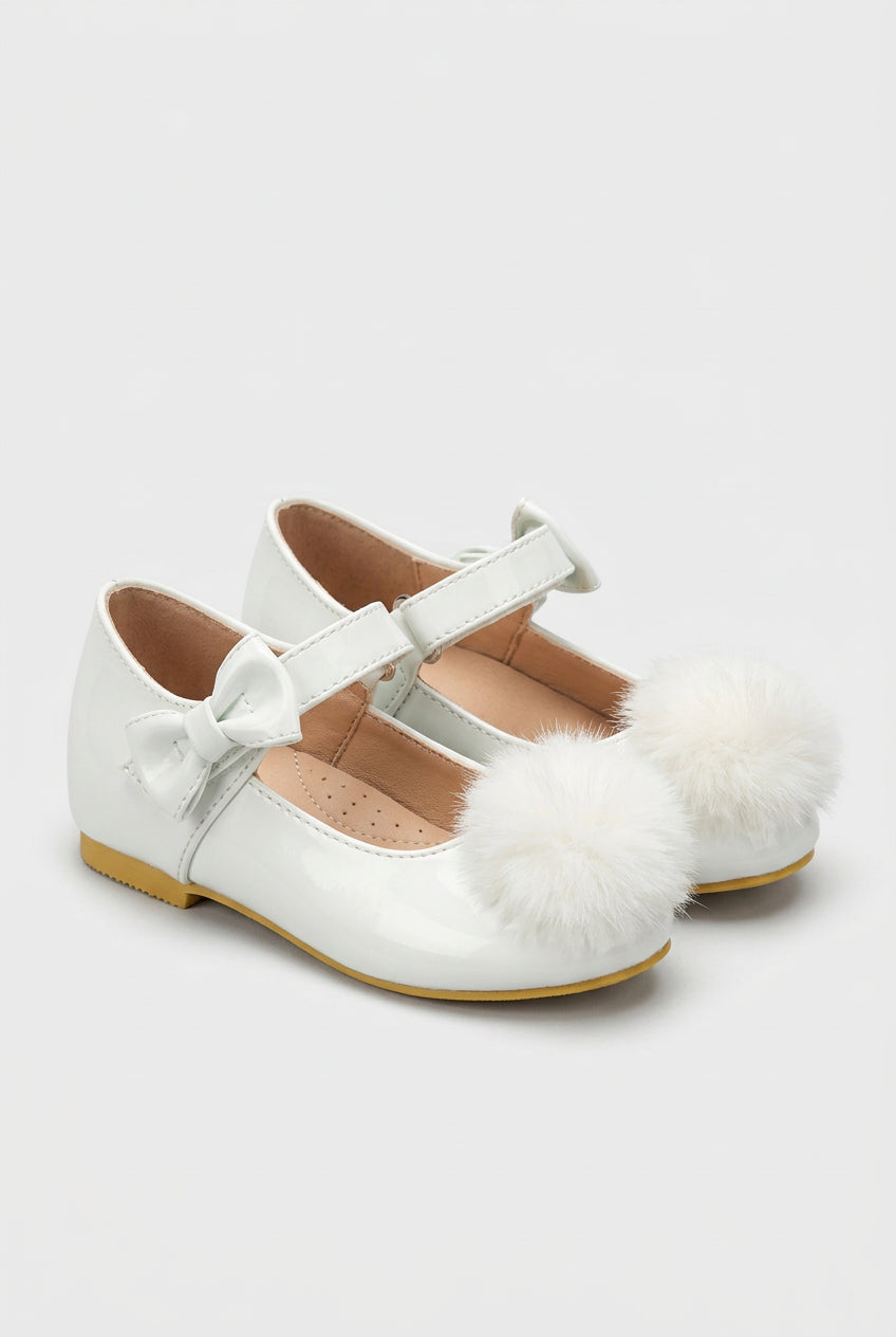 Little Girls Patent Pom Pom Mary Jane Shoes - White Pair Side Picture