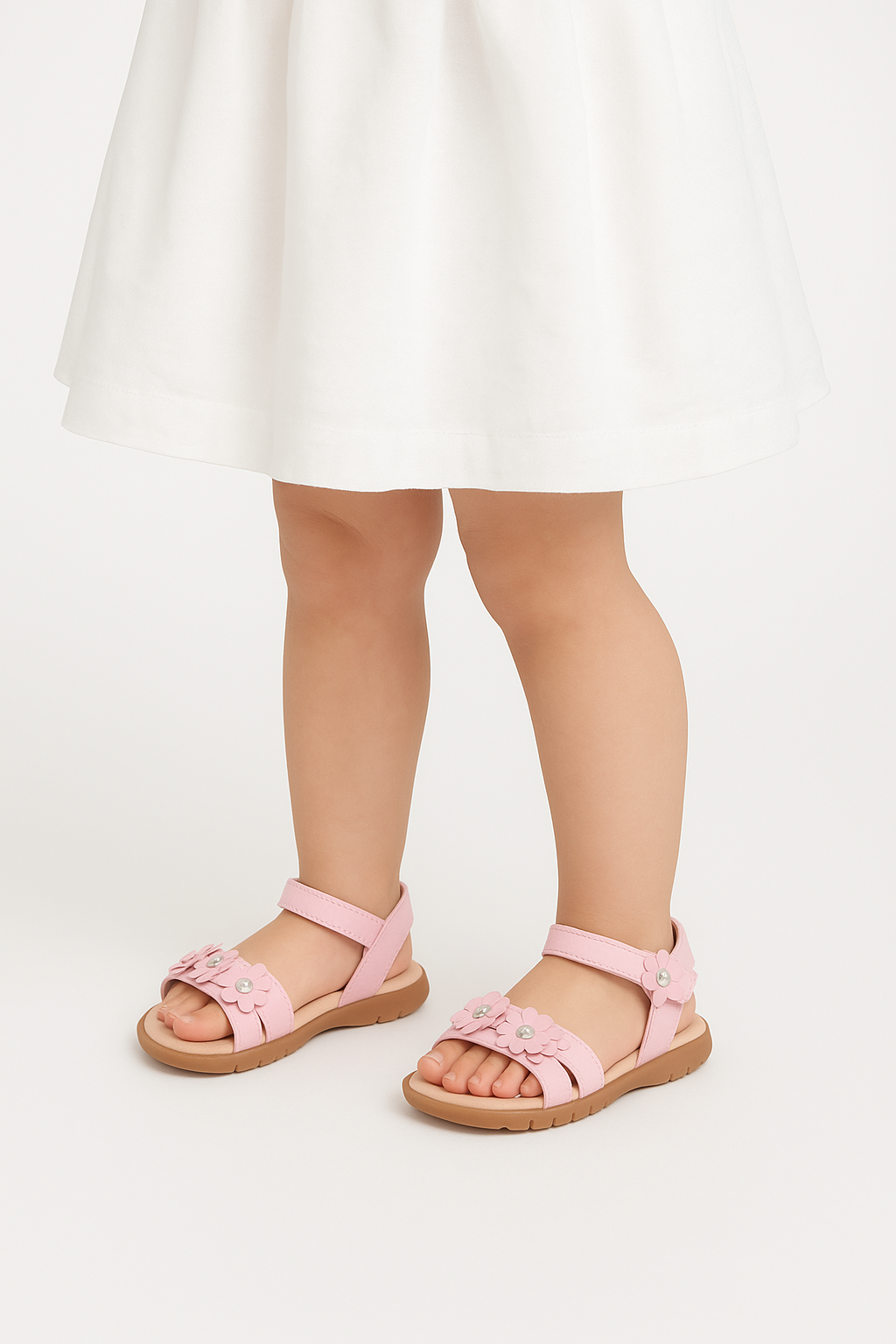 Little Girls’ Floral Sandal Shoes with Rhinestones - ARABELLA - Pink Model Picture