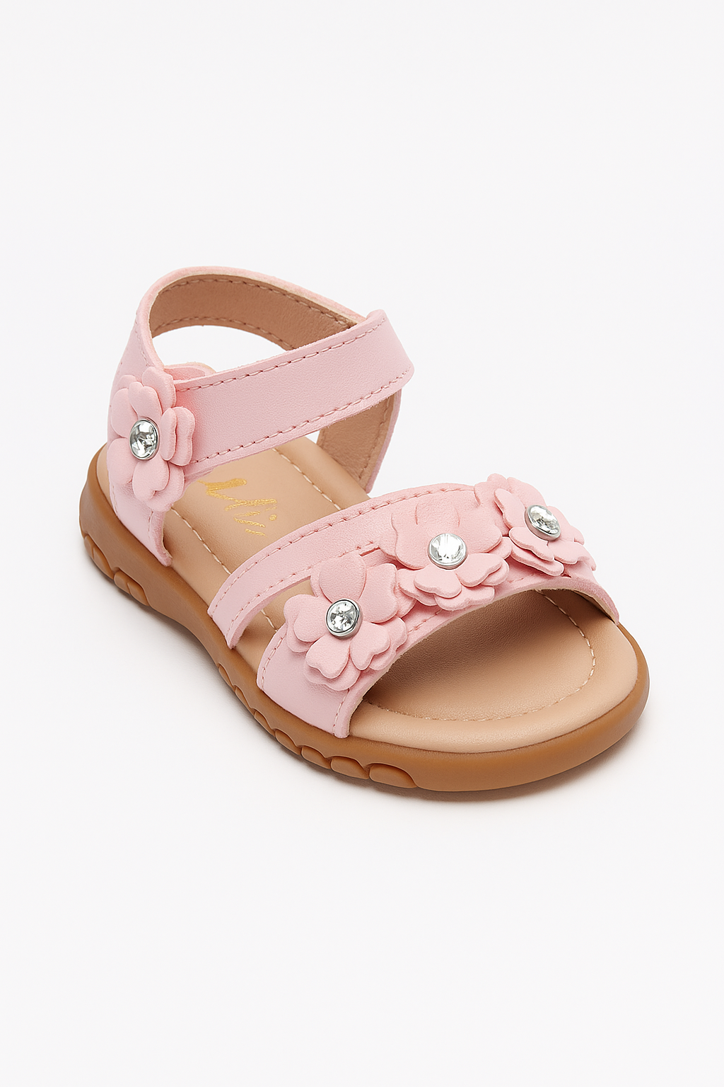 Little Girls’ Floral Sandal Shoes with Rhinestones - ARABELLA - Pink Side Picture