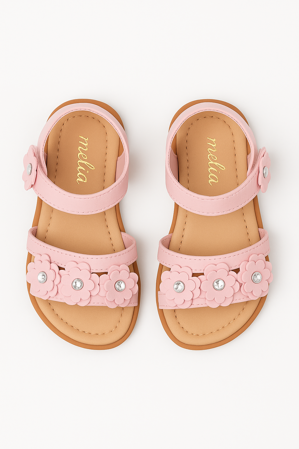 Little Girls’ Floral Sandal Shoes with Rhinestones - ARABELLA - Pink Front Picture